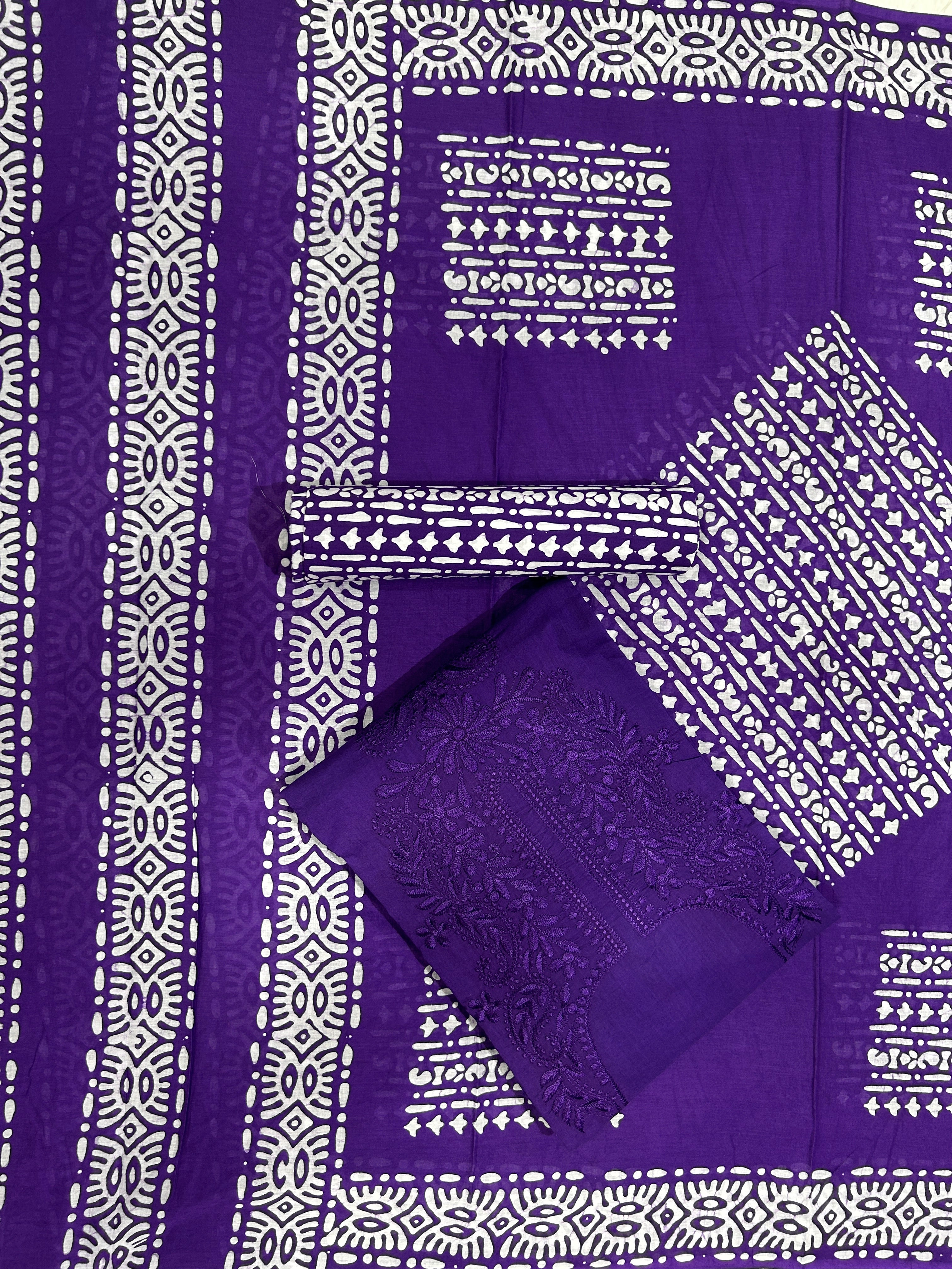 Bombay Batik Pure Cotton Dress Material Lucknowi Pattern Batik Printing – Purple Batik
