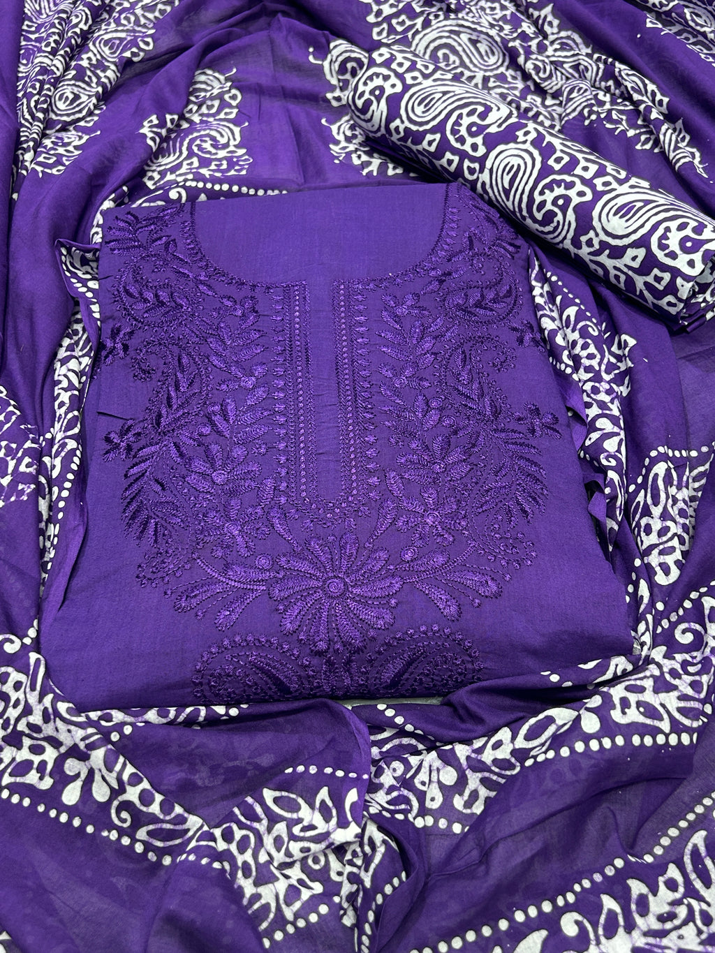 Bombay Batik Pure Cotton Dress Material Batik Textile Art with Lucknowi Motifs – Purple Batik