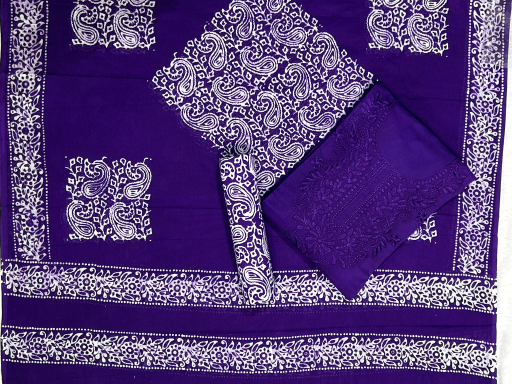 Bombay Batik Pure Cotton Dress Material Batik Textile Art with Lucknowi Motifs – Purple Batik