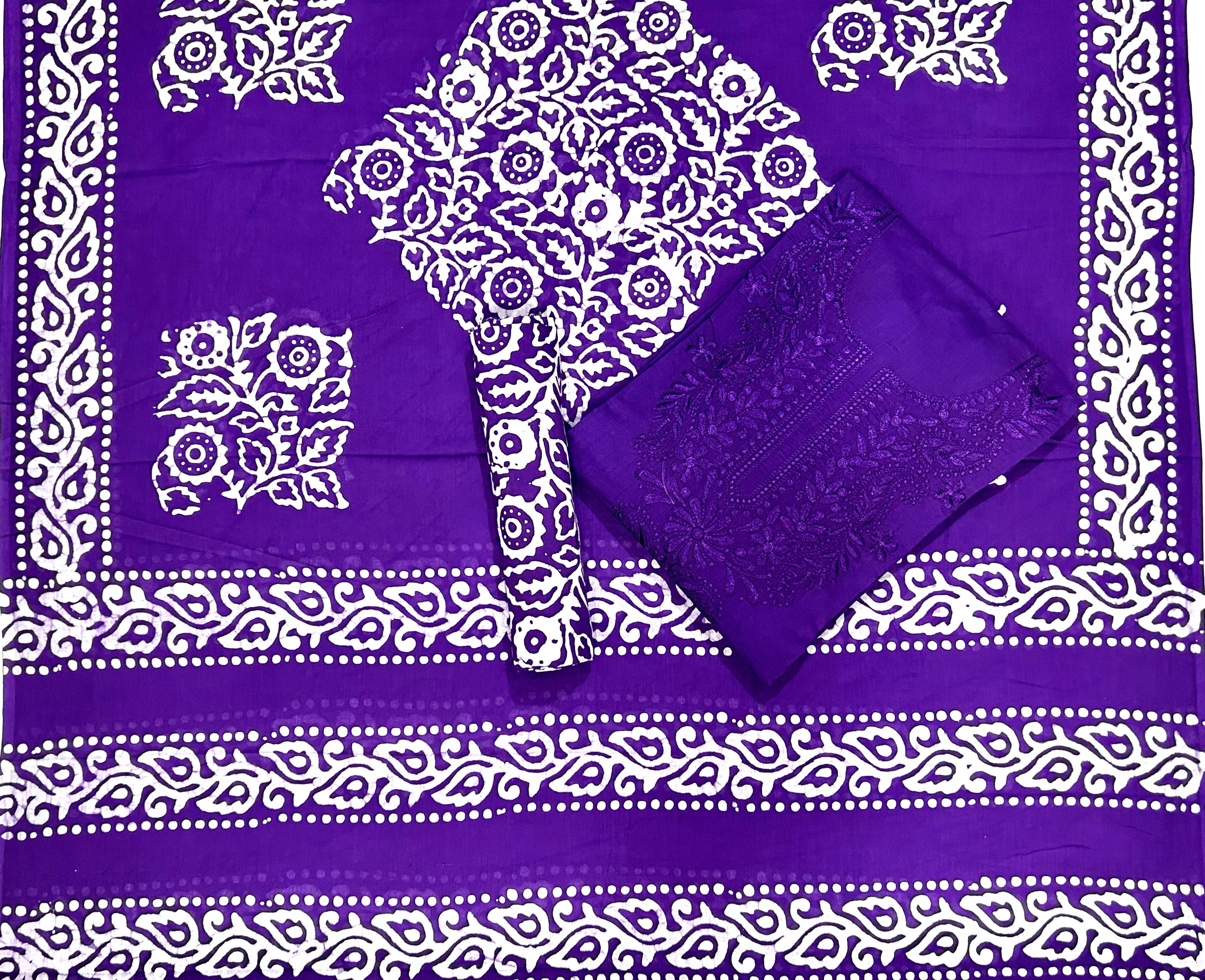 Bombay Batik Pure Cotton Dress Material Intricate Batik with Lucknowi Embroidery Feel – Purple Batik