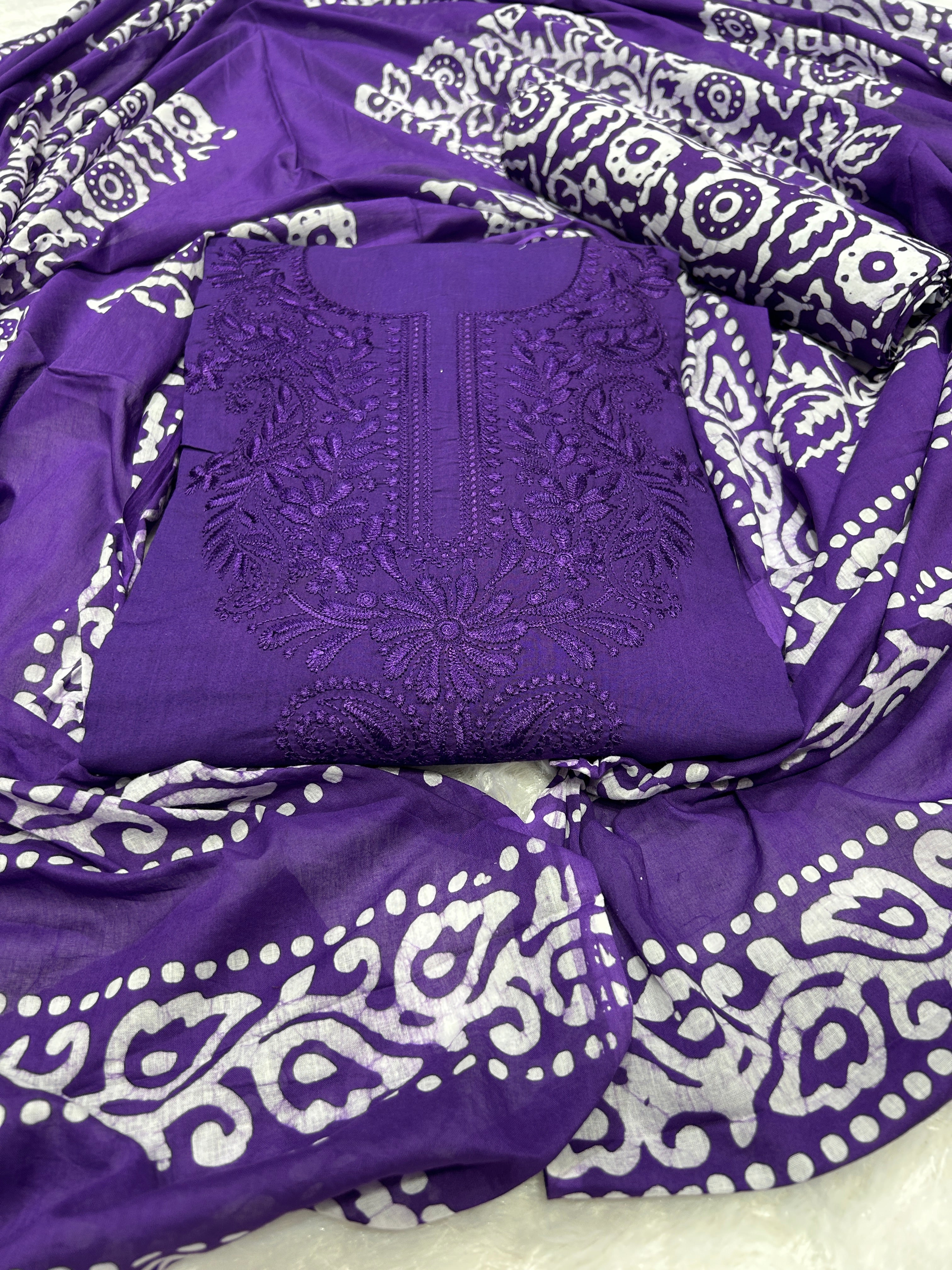 Bombay Batik Pure Cotton Dress Material Intricate Batik with Lucknowi Embroidery Feel – Purple Batik