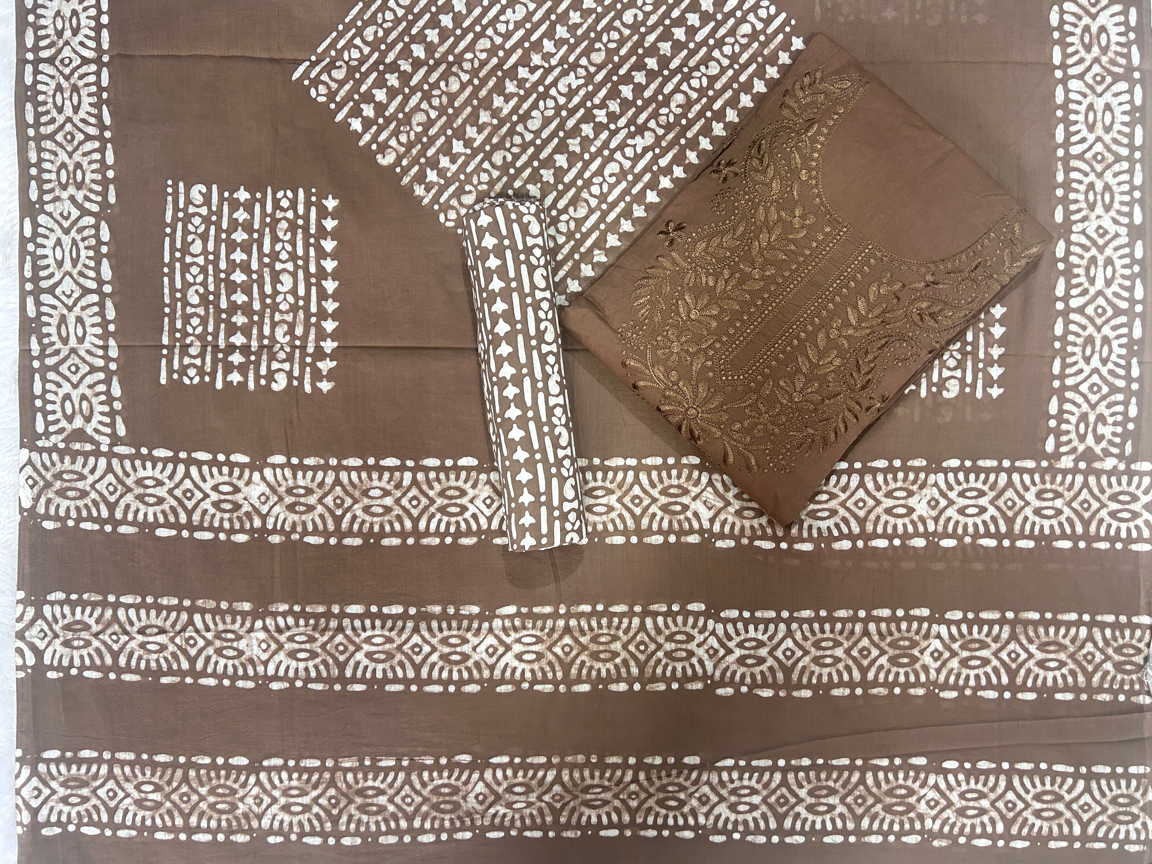 Bombay Batik Pure Cotton Dress Material Handcrafted Batik in Chikankari Style – Lakda Brown Batik