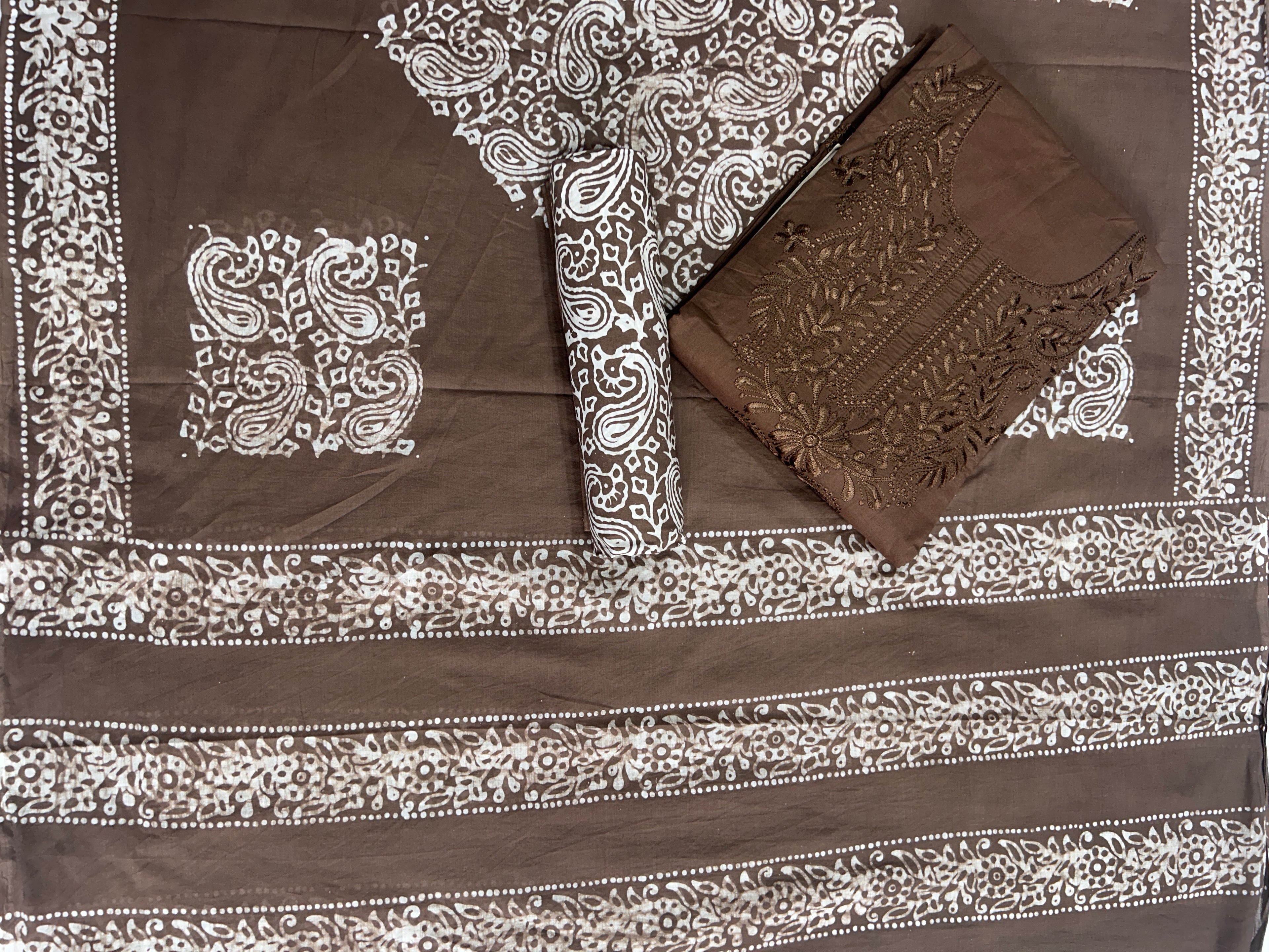 Bombay Batik Pure Cotton Dress Material Handcrafted Fusion of Batik & Lucknowi Art – Lakda Brown Batik