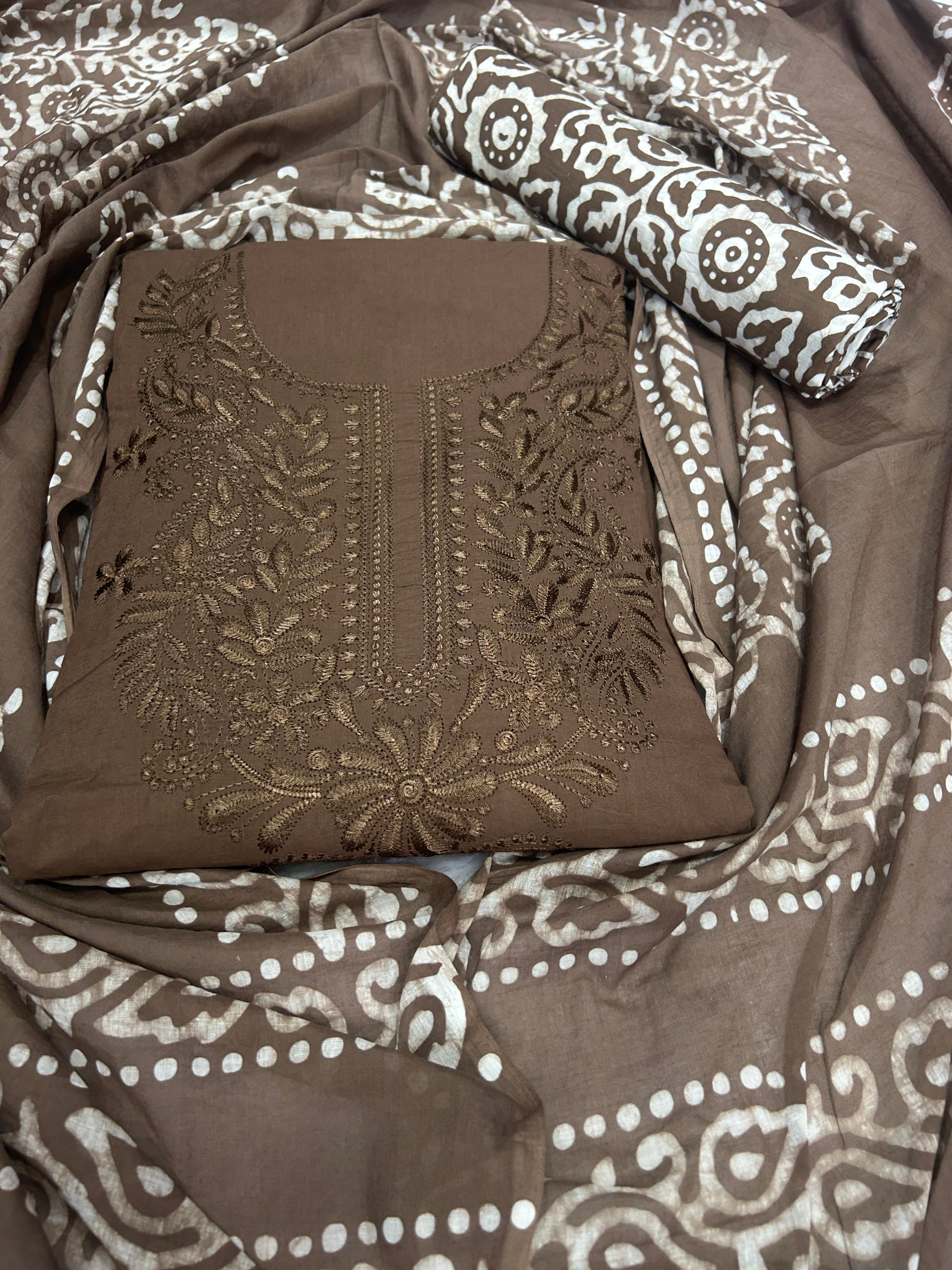 Bombay Batik Pure Cotton Dress Material Handcrafted Fusion of Batik & Lucknowi Art – Lakda Brown Batik