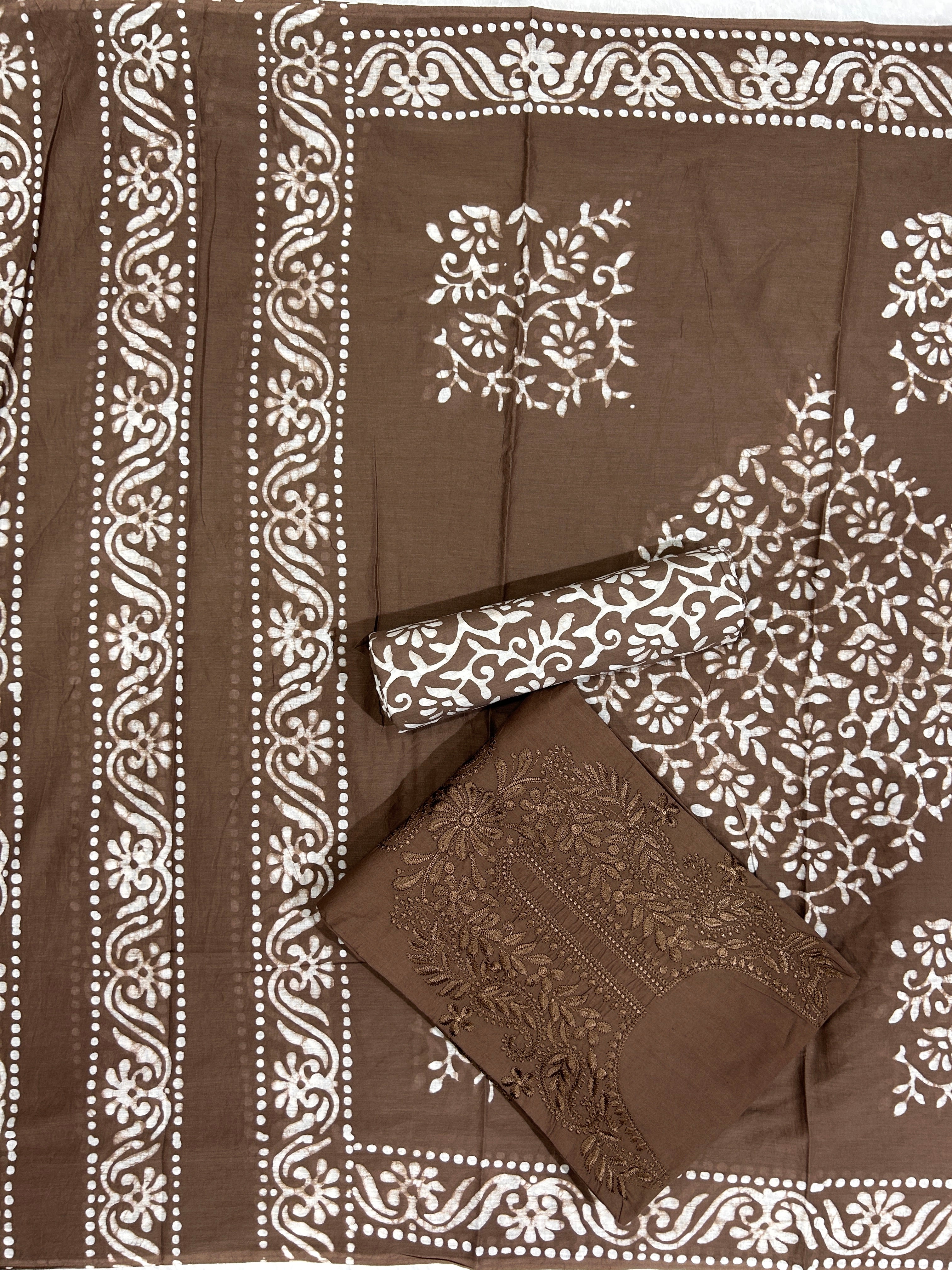 Bombay Batik Pure Cotton Dress Material Lucknowi Pattern Batik Printing – Lakda Brown Batik