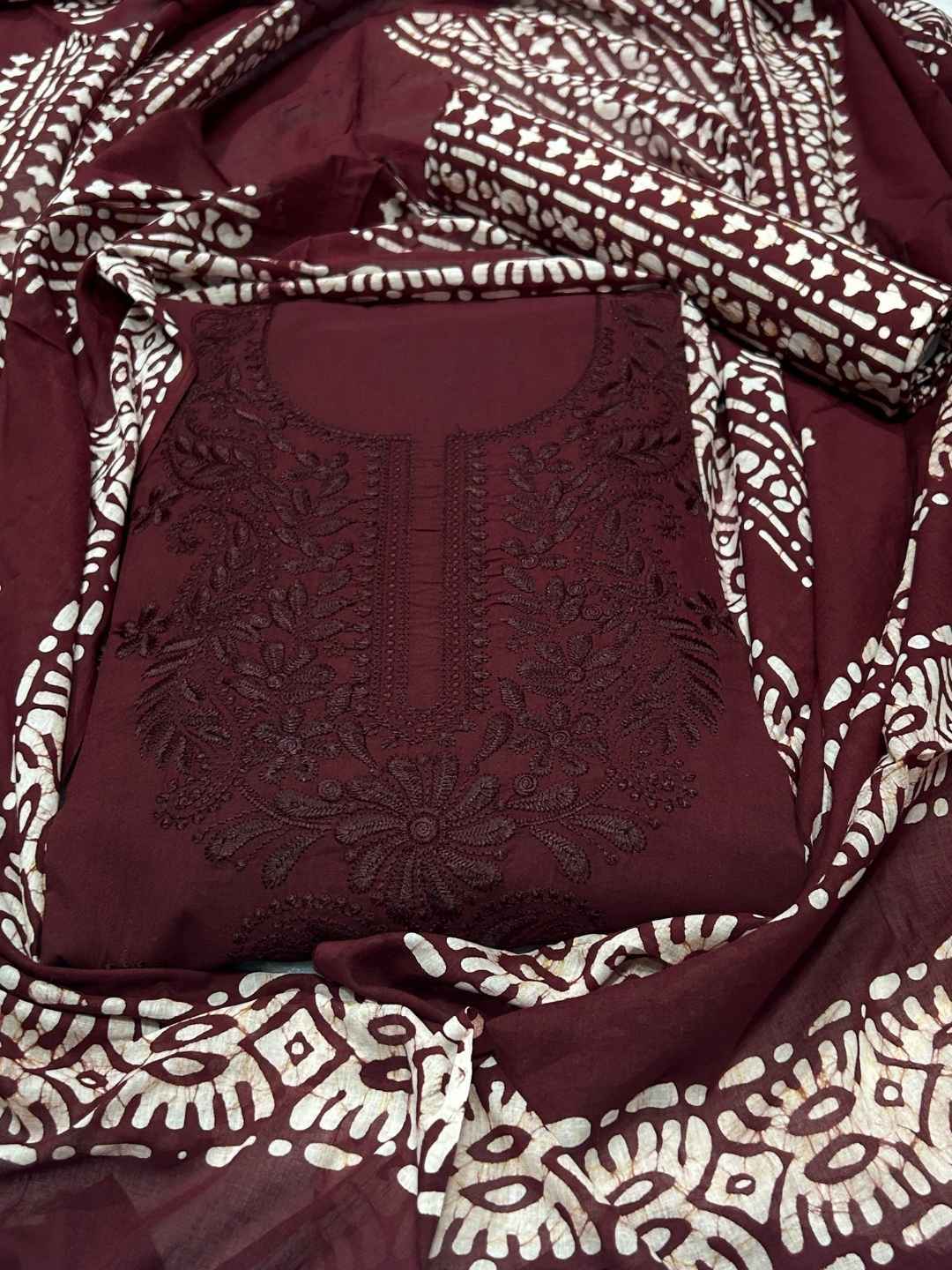 Bombay Batik Pure Cotton Lucknowi Dress Material Batik Handwork – Maroon Colour (FD-DM-LK-MR-KJ)