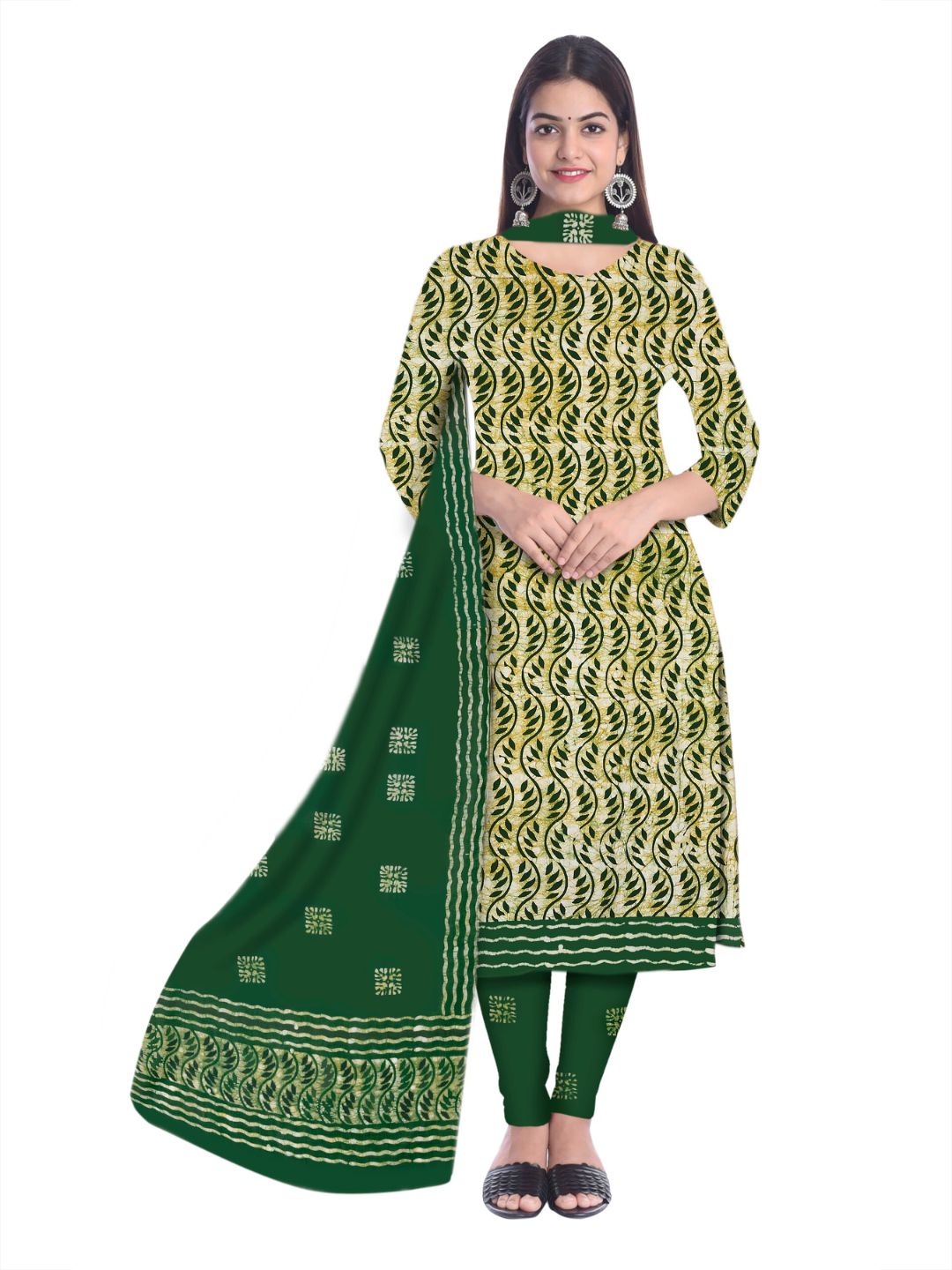 Green Hand Block Printed Salwar Suit Set With Dupatta