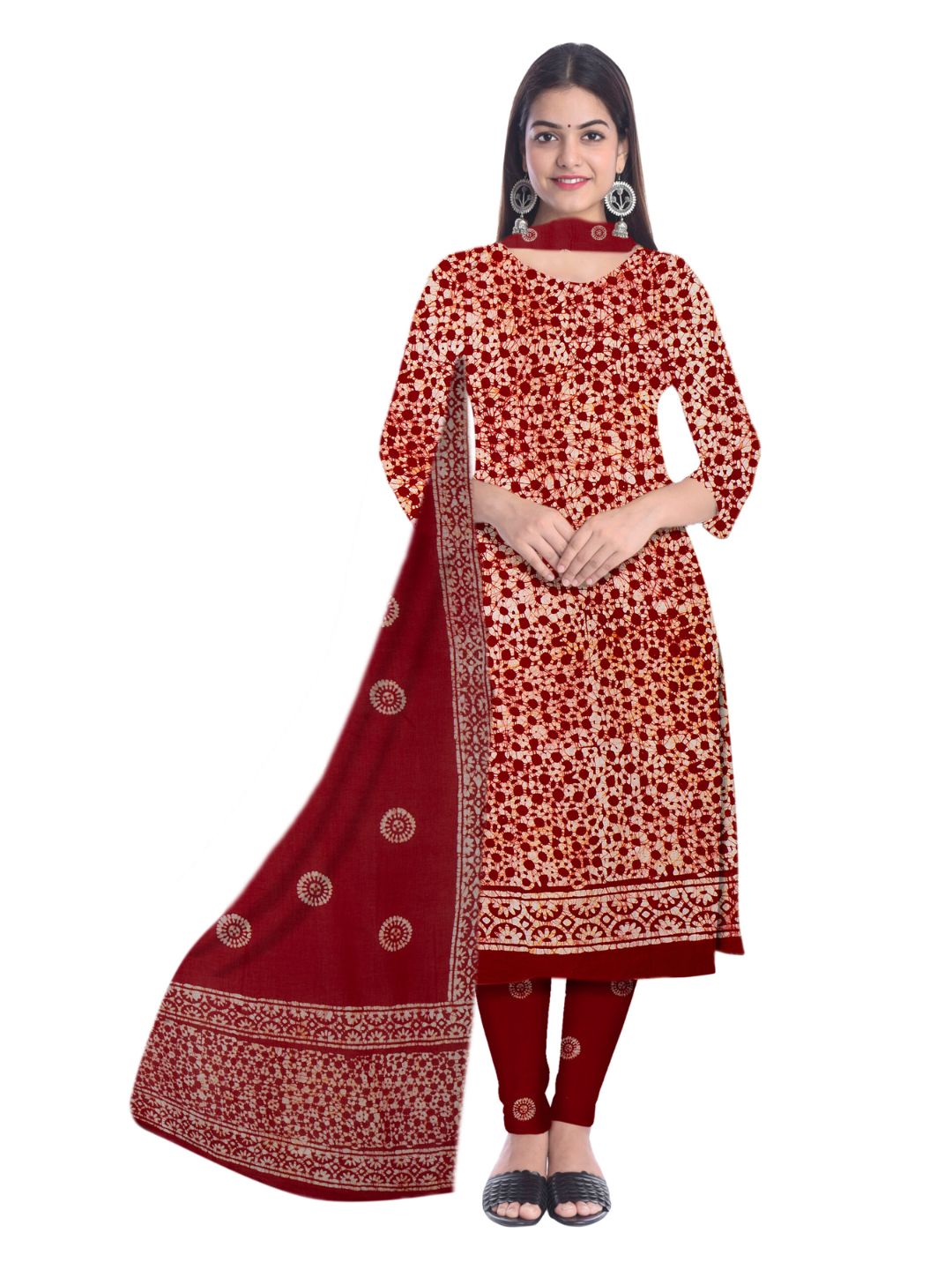 Red Ethnic Batik Print Salwar Suit With Dupatta
