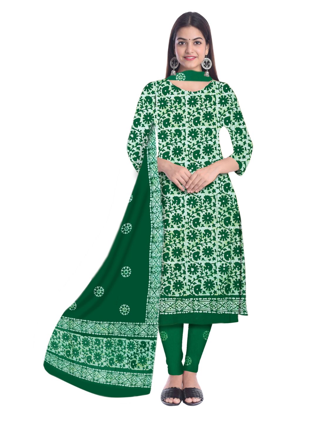 Green Unstitched  Printed Cotton Dress Material With Dupatta