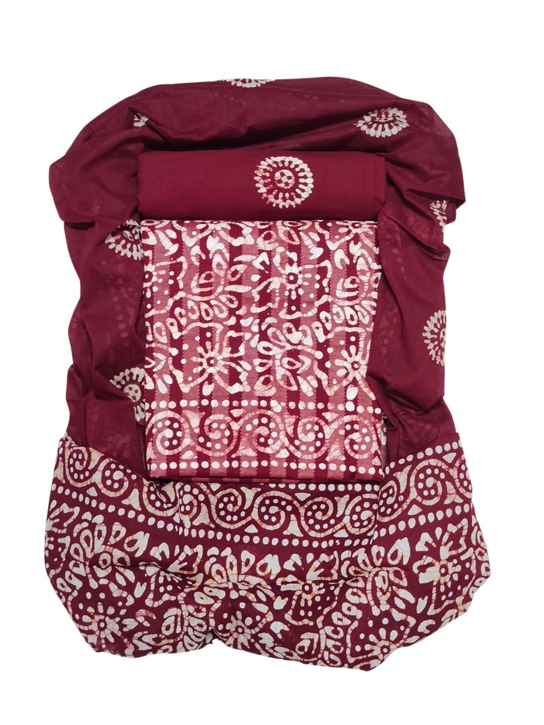 Maroon Ethnic Batik Print Cotton Dress Material With Dupatta