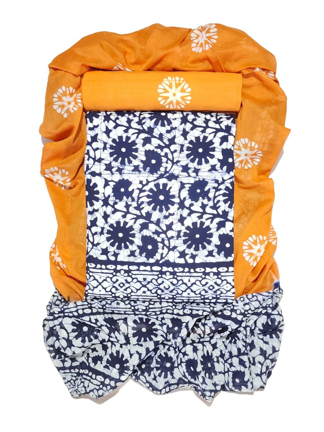 Bombay Batik Pure Cotton Dress Material Batik Handwork – Navy Blue Peach Colour