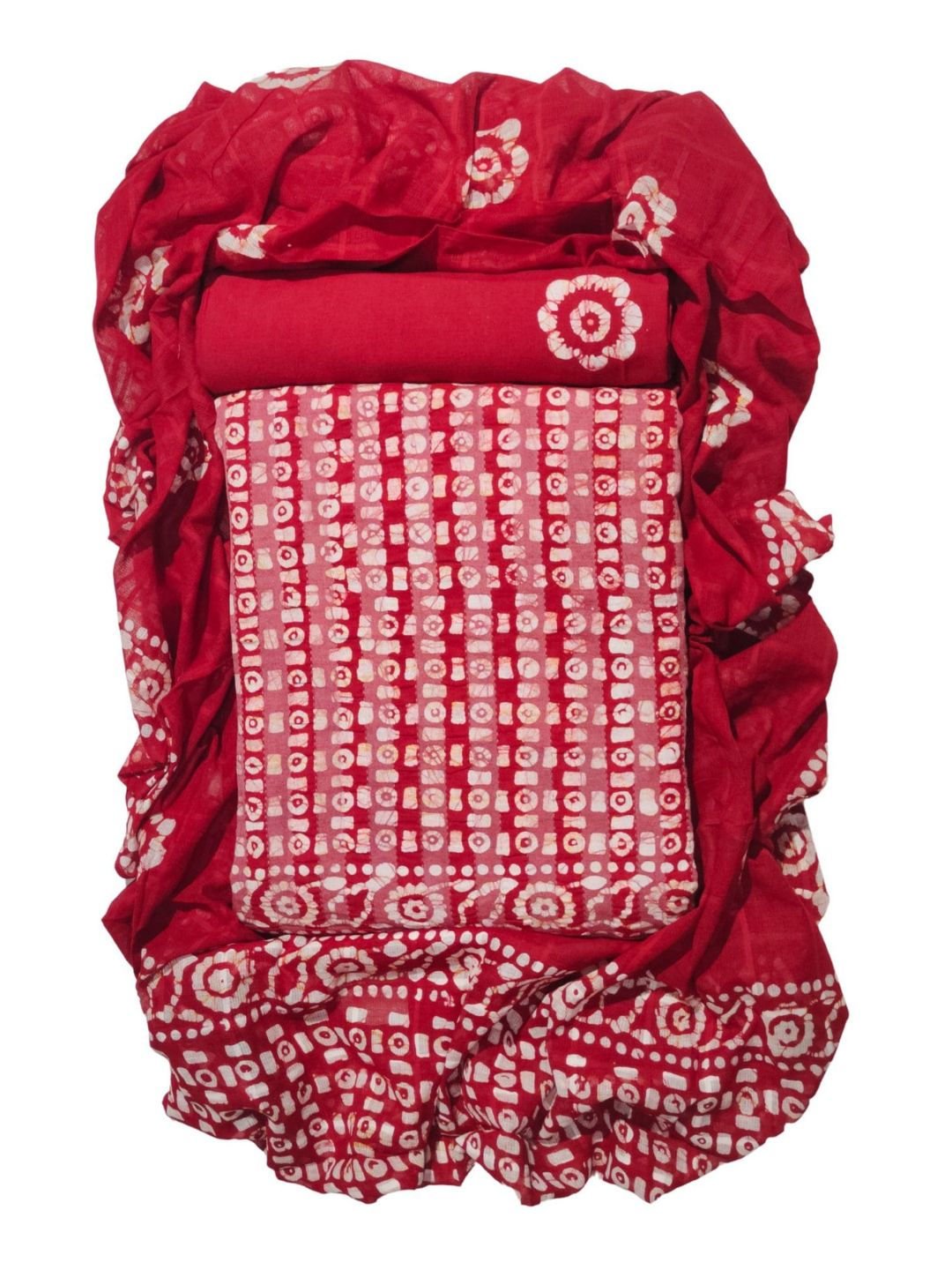 Red Unstitched  Printed Cotton Dress Material With Dupatta