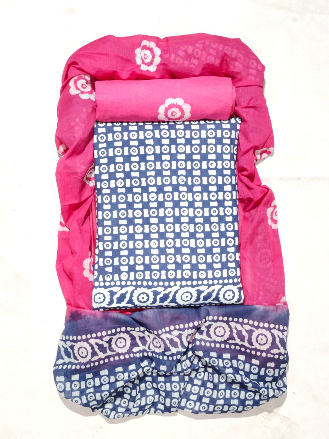 Grey & Pink Elegant Printed Cotton Dress Material With Dupatta