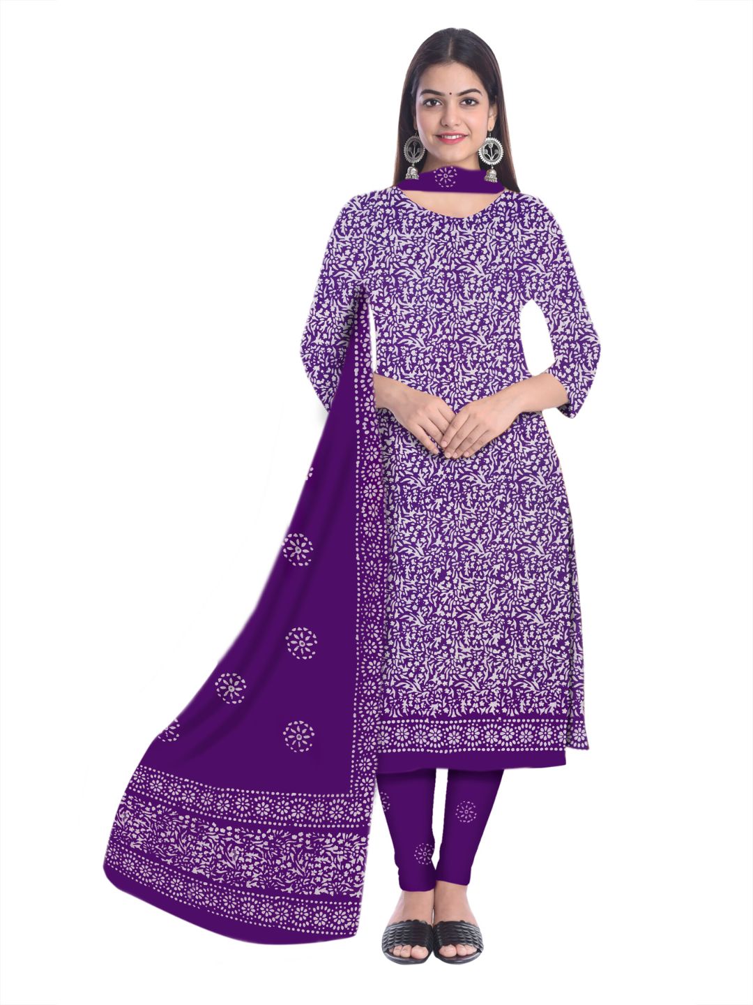 Purple Elegant Batik Print Churidar Material With Dupatta