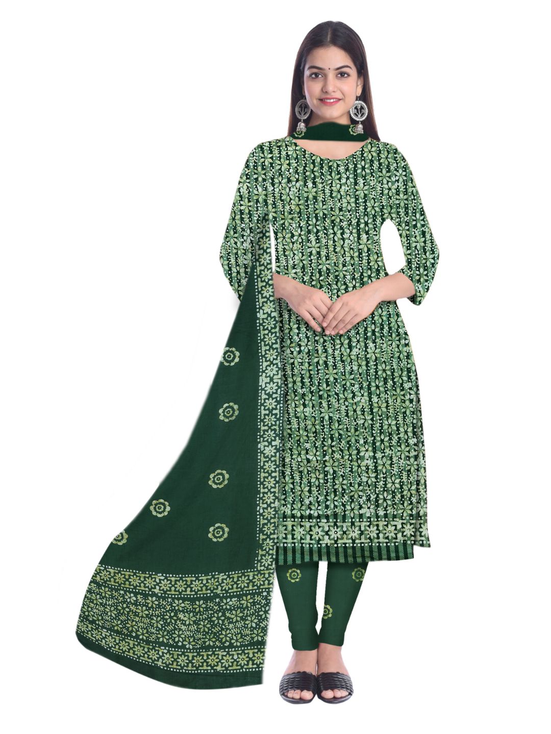 Green Unstitched  Printed Salwar Suit Set With Dupatta