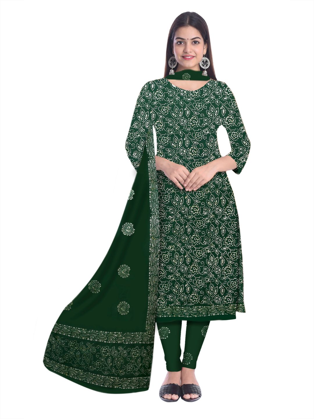 Green Hand Block Batik Print Cotton Dress Material With Dupatta