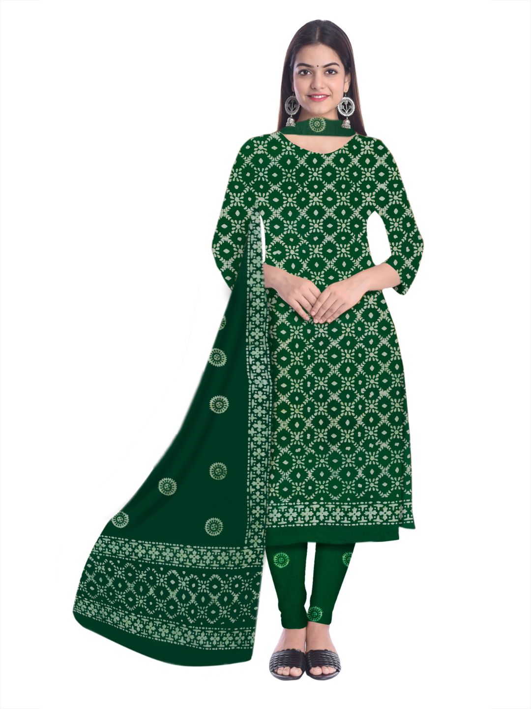 Green Ethnic Batik Print Churidar Material With Dupatta