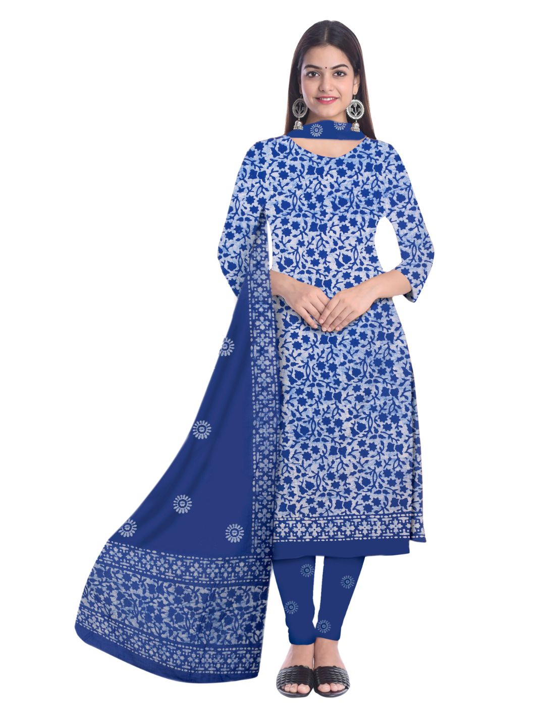 Blue Ethnic Batik Print Churidar Material With Dupatta