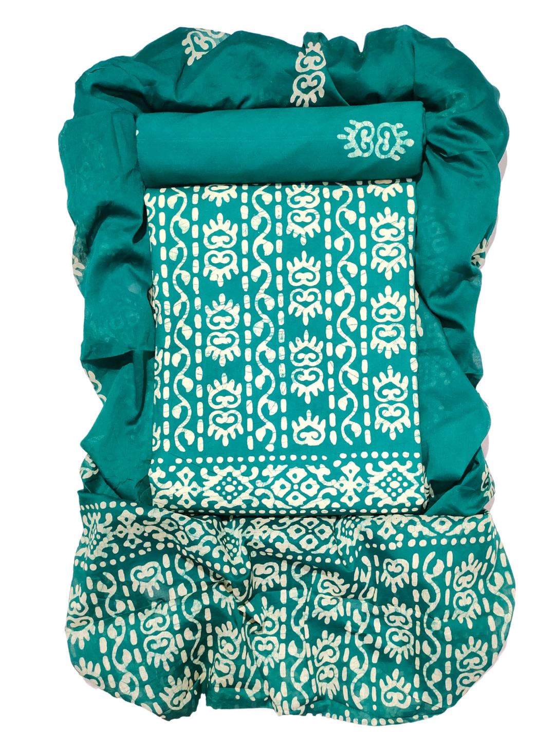 Pure Cotton Overdyed Green & Cream Unstitched Dress Material with Cotton Dupatta (Festive Wear)