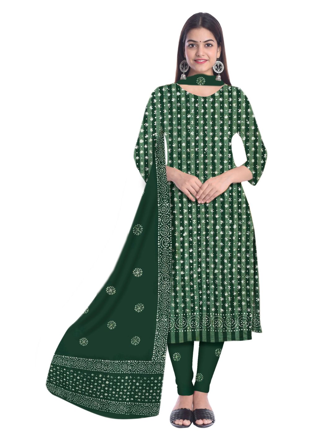 Green Soft  Printed Cotton Dress Material With Dupatta