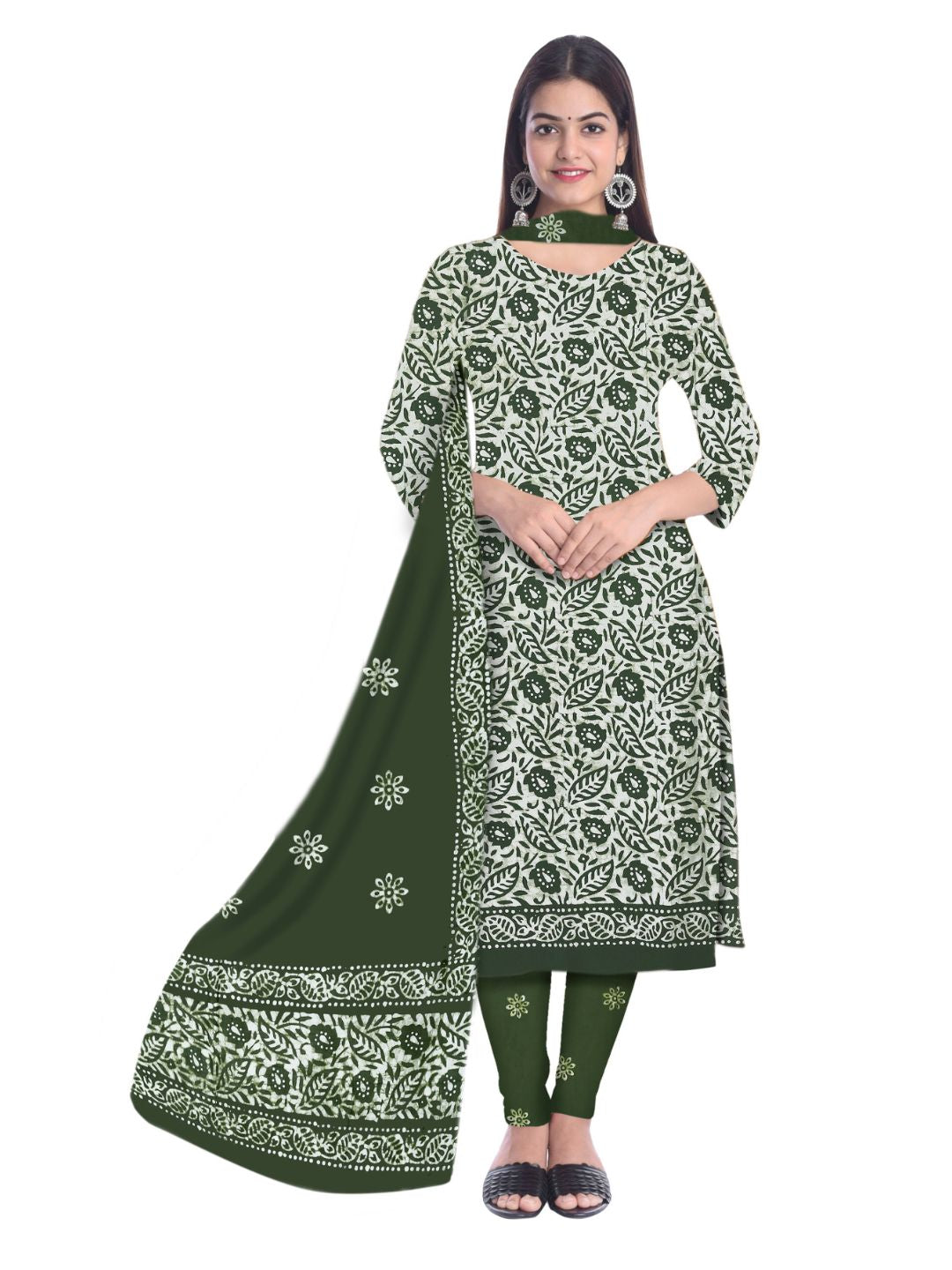 Mehndi Unstitched  Printed Cotton Dress Material With Dupatta