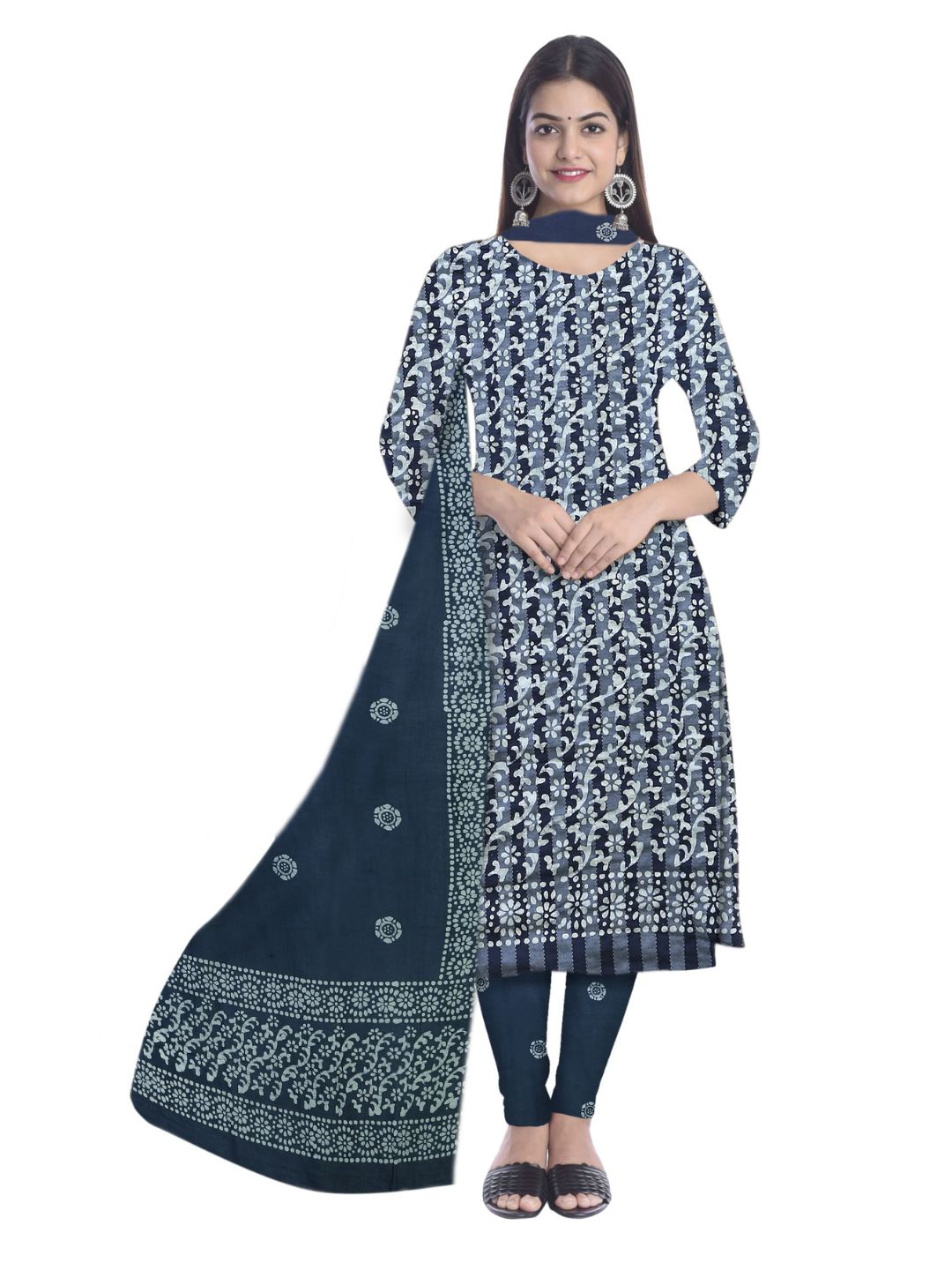 Grey Elegant Batik Print Churidar Material With Dupatta