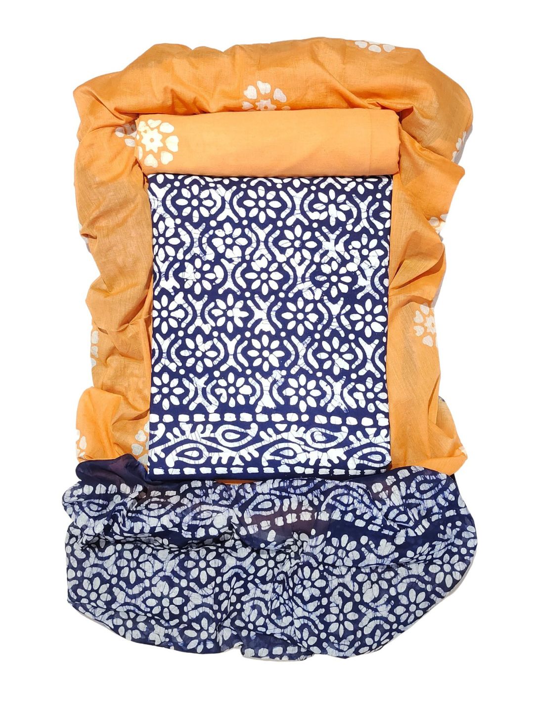 Bombay Batik Pure Cotton Dress Material Batik Handwork – Navy Blue Peach Colour