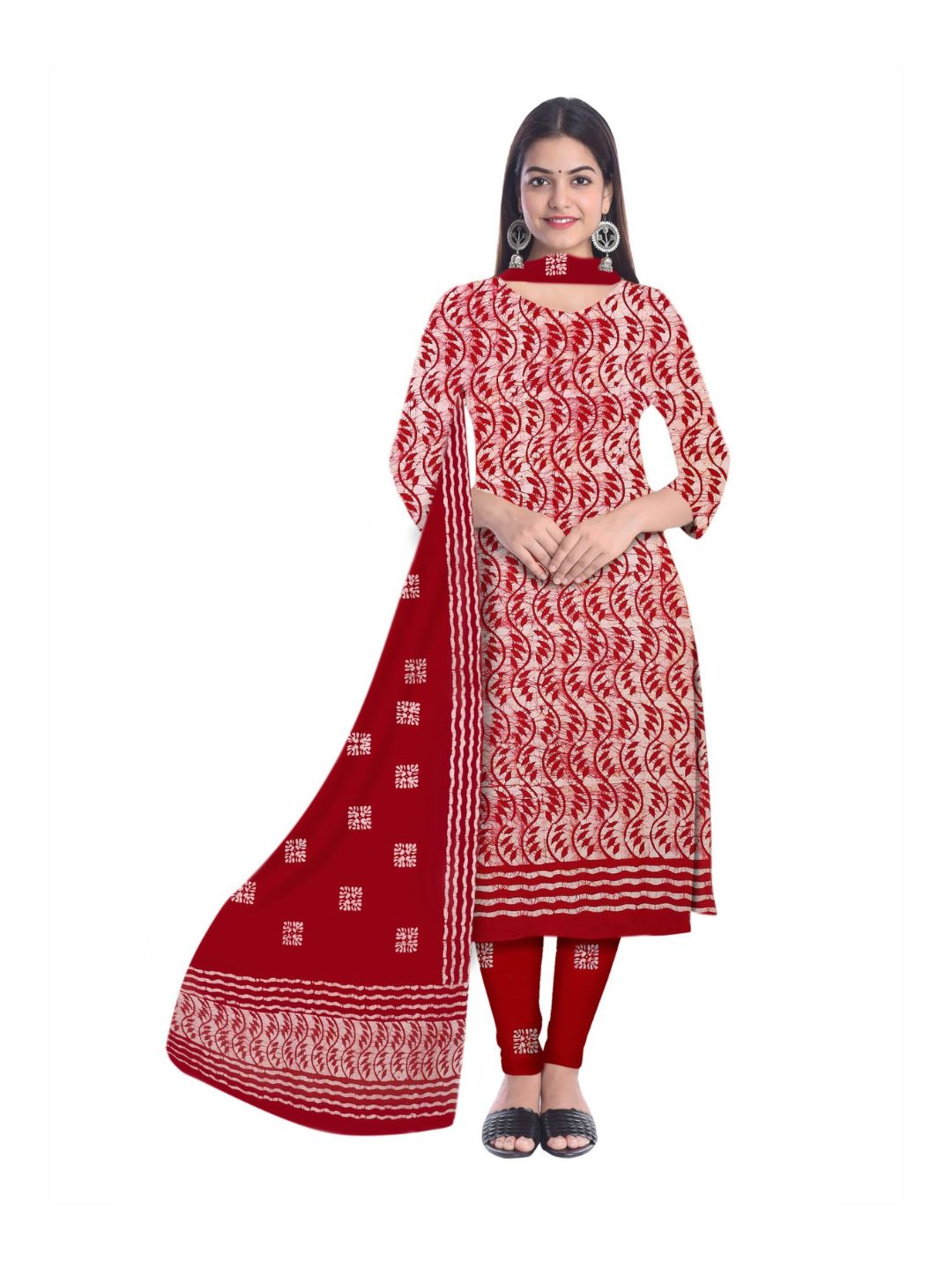 Red Hand Block Printed Cotton Dress Material With Dupatta