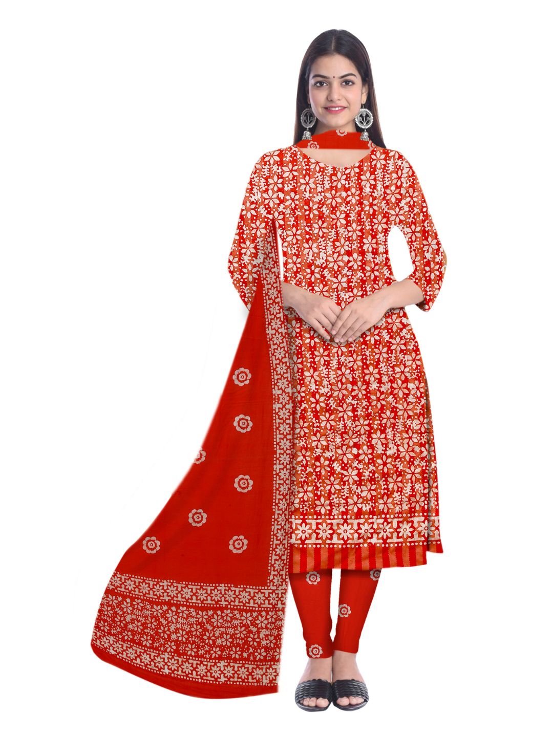 Orange Unstitched  Printed Churidar Material With Dupatta