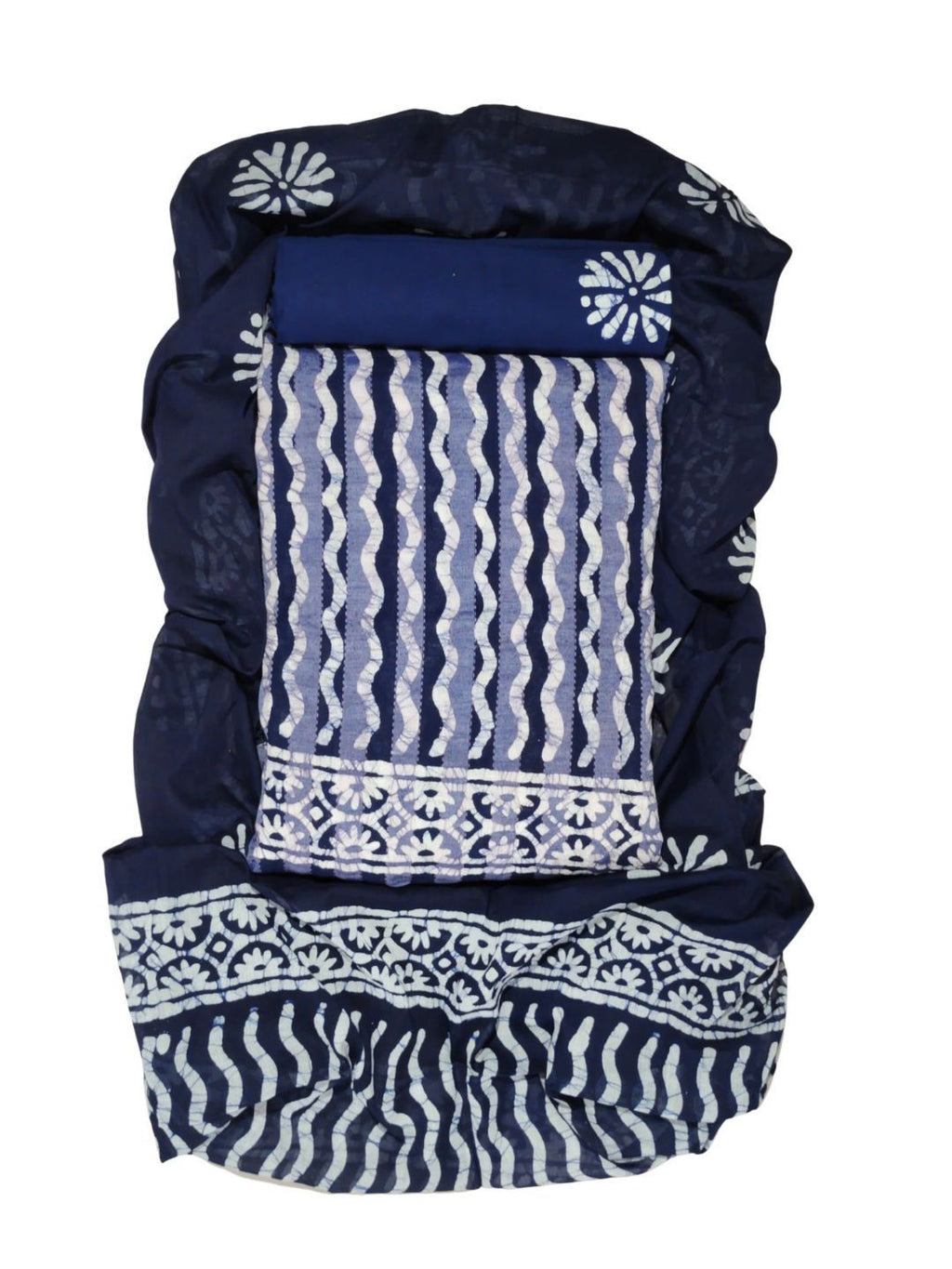 Navy Blue Printed Cotton Dress Material With Dupatta