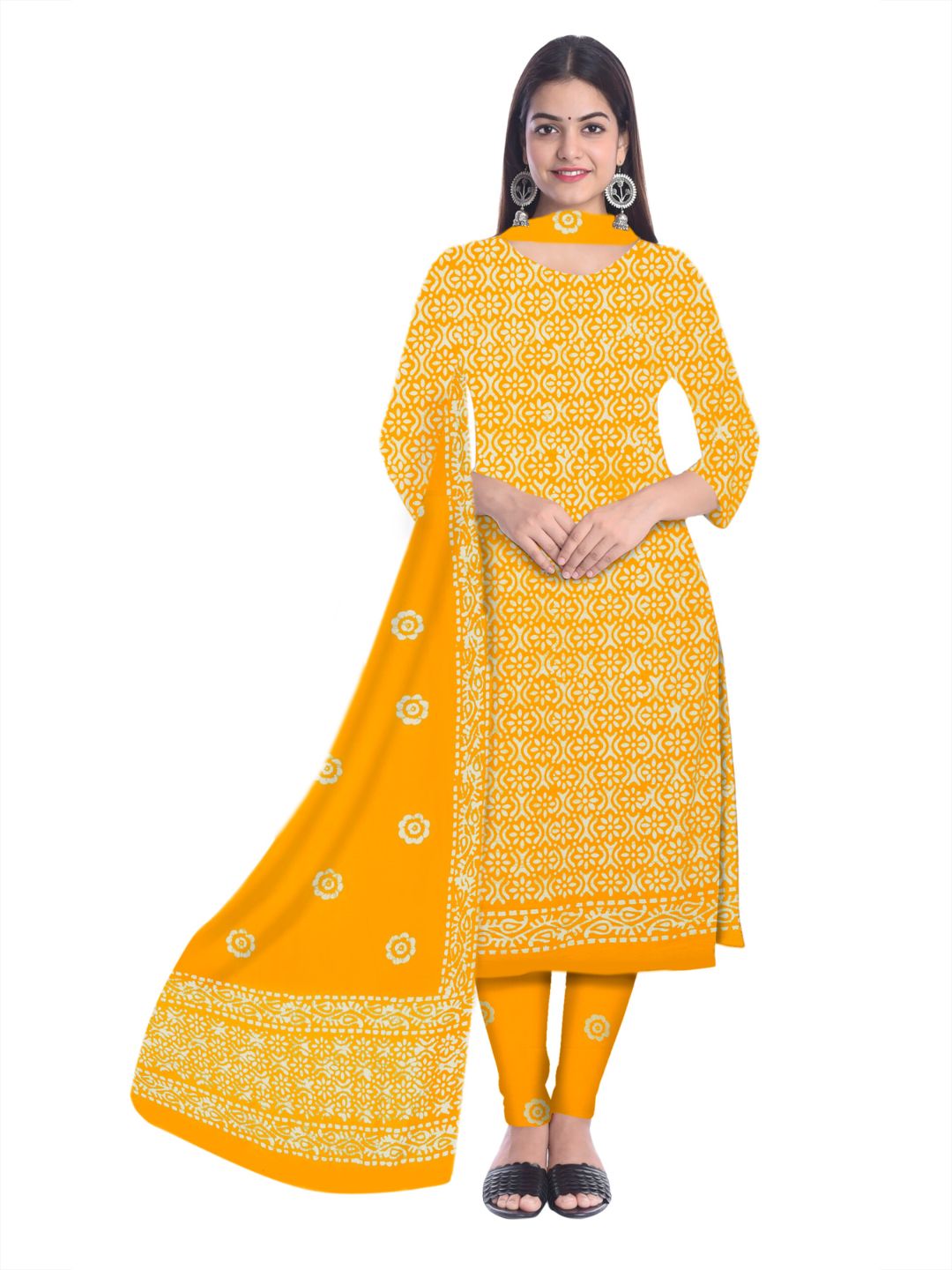 Yellow Unstitched  Printed Salwar Suit With Dupatta