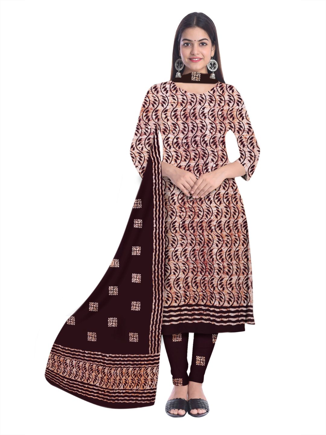 Maroon Hand Block Batik Print Cotton Dress Material With Dupatta