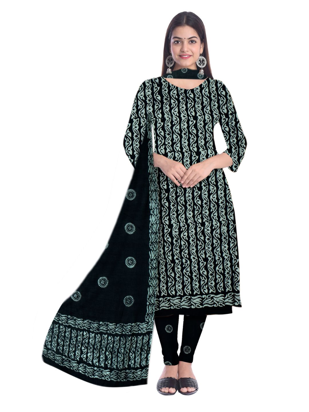 Black Unstitched  Printed Cotton Dress Material With Dupatta