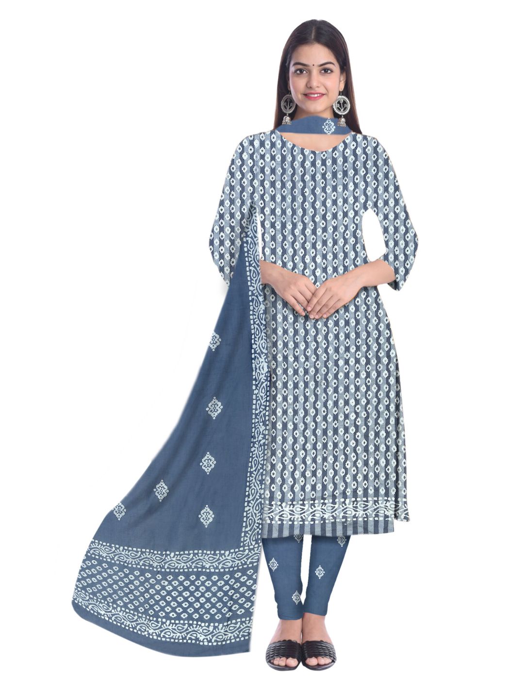 Grey Hand Block Printed Cotton Dress Material With Dupatta