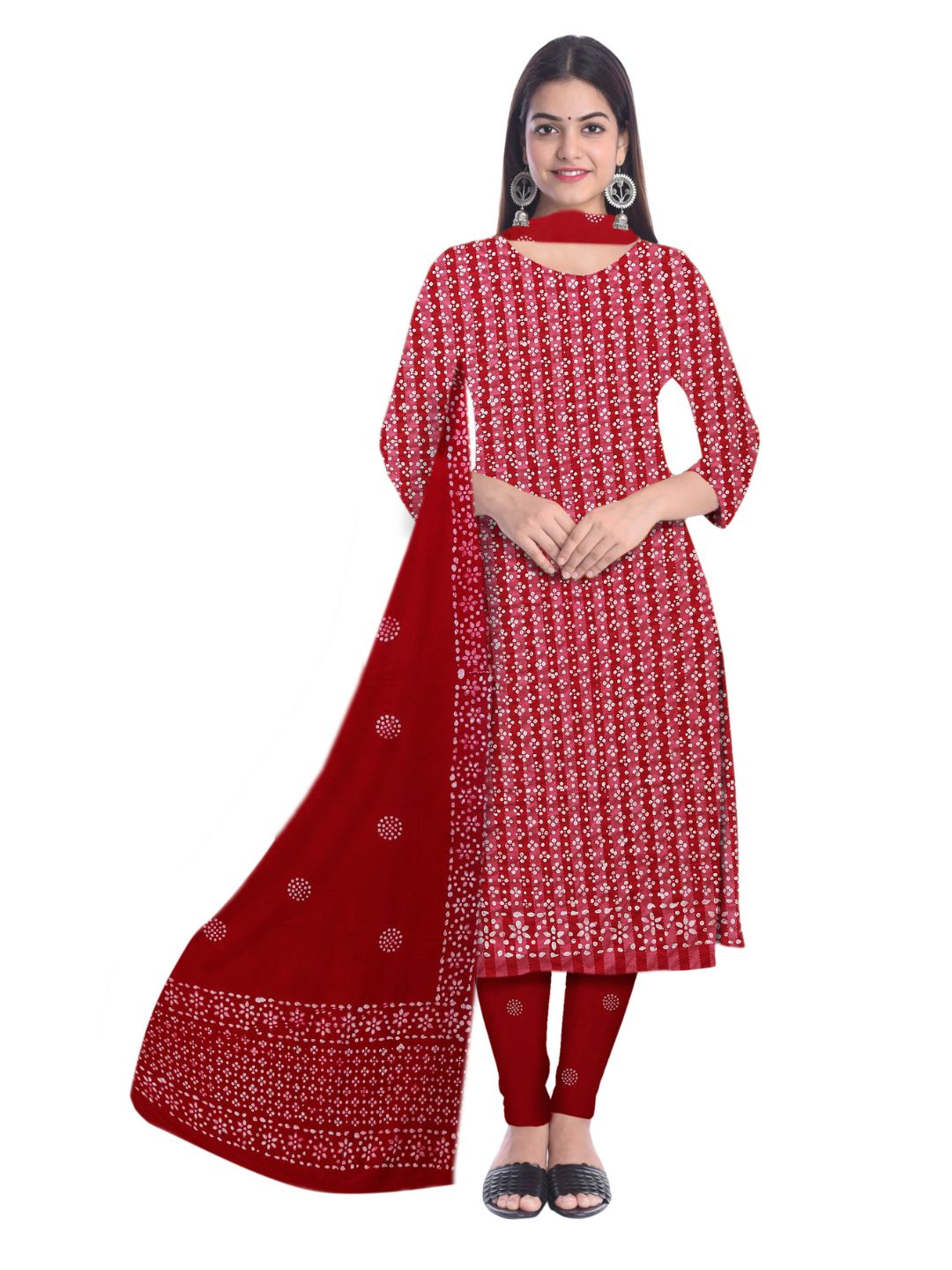 Red Unstitched  Printed Churidar Material With Dupatta