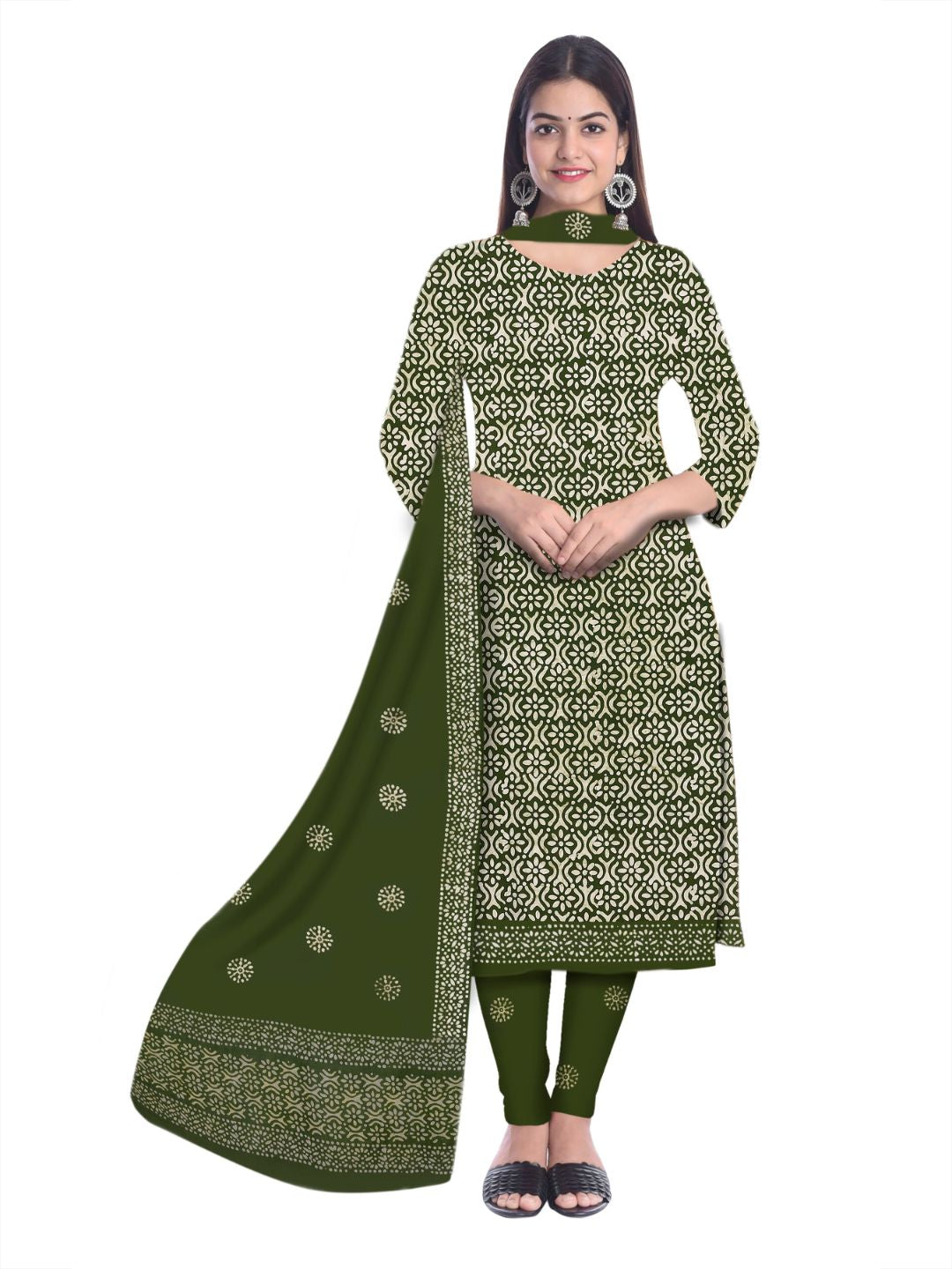 Mehndi Elegant Printed Cotton Dress Material With Dupatta