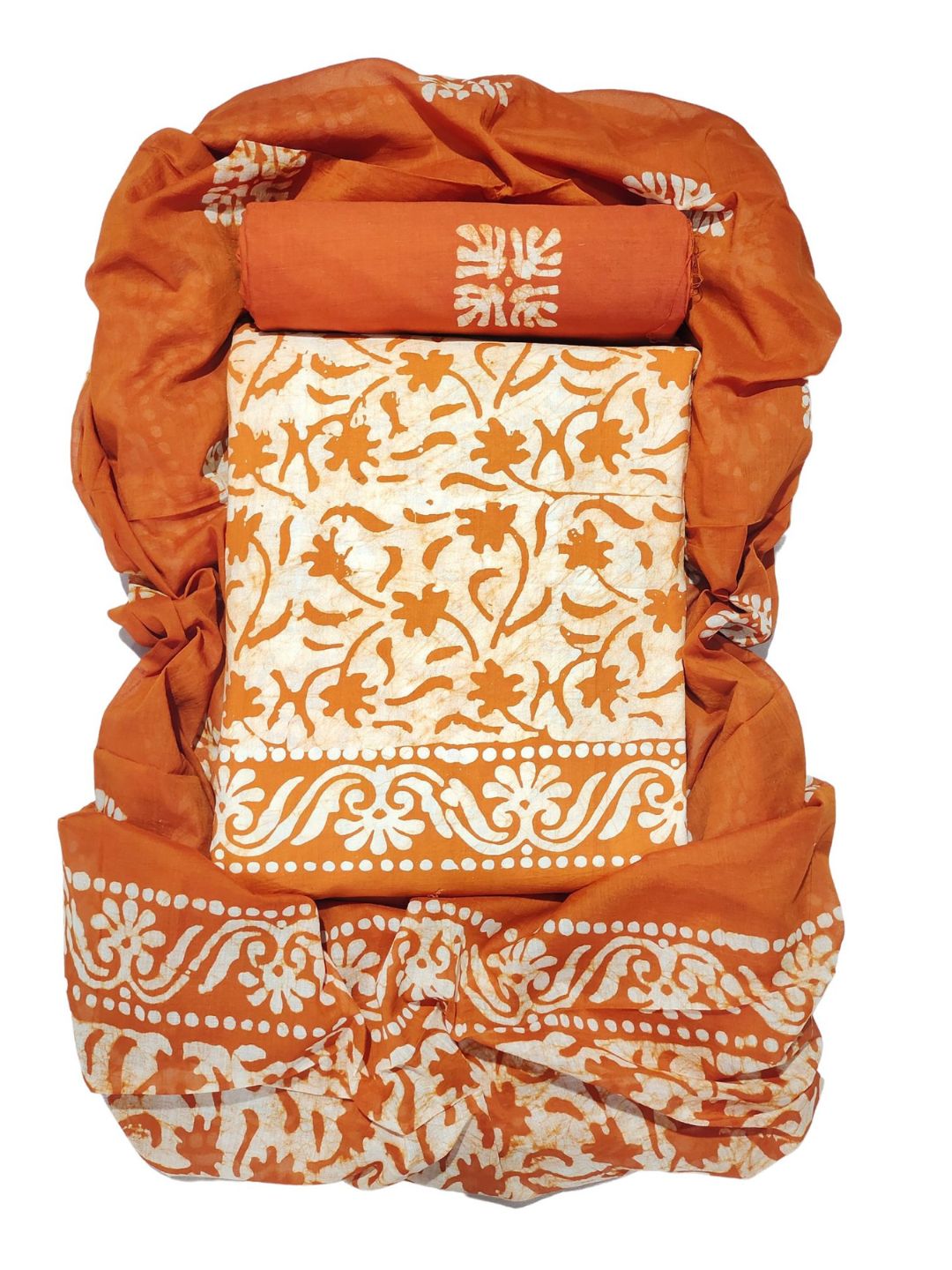 Brown Elegant Printed Cotton Dress Material With Dupatta