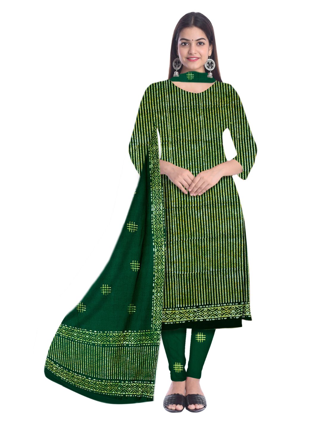 Green Elegant Printed Cotton Dress Material With Dupatta