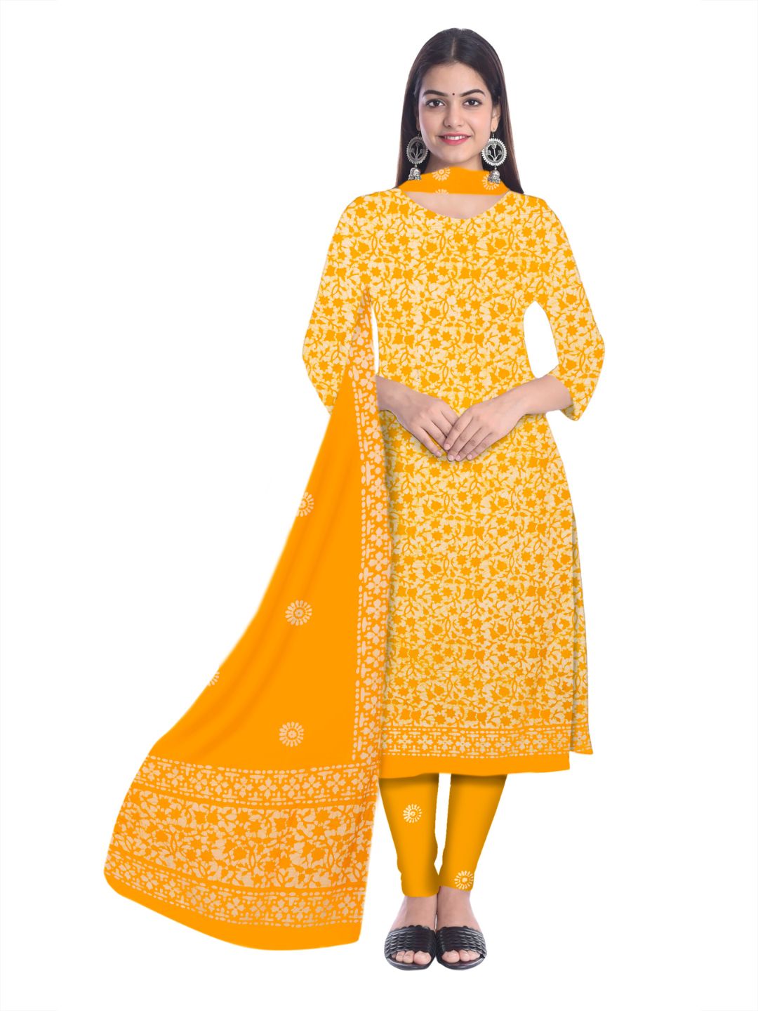 Yellow Ethnic Batik Print Salwar Suit With Dupatta