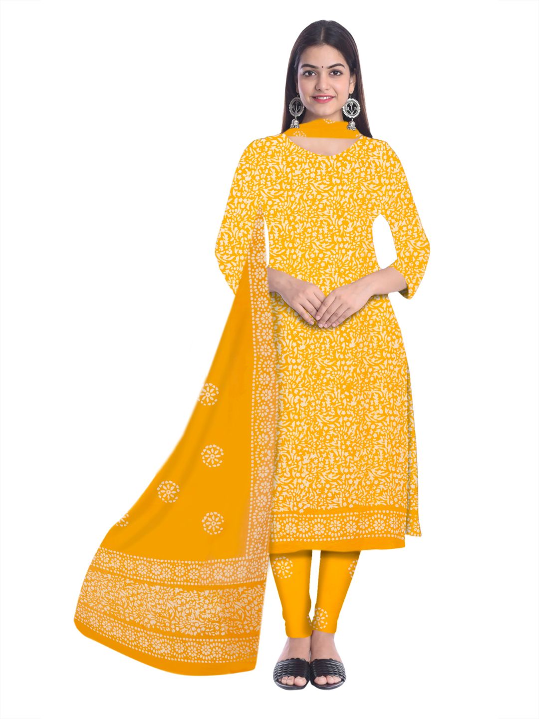 Yellow Hand Block Printed Cotton Suit Set With Dupatta