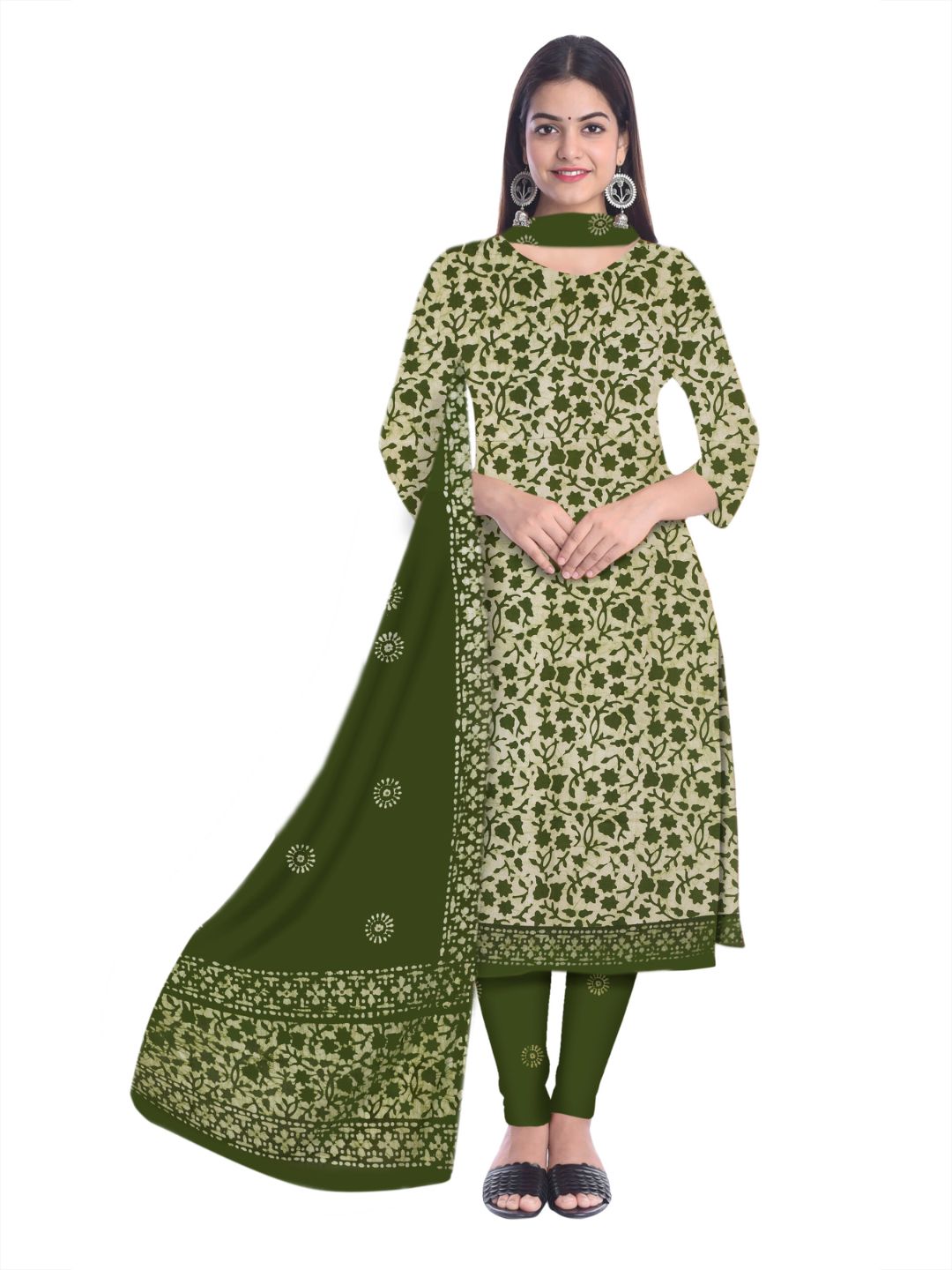 Mehndi Elegant Printed Cotton Dress Material With Dupatta