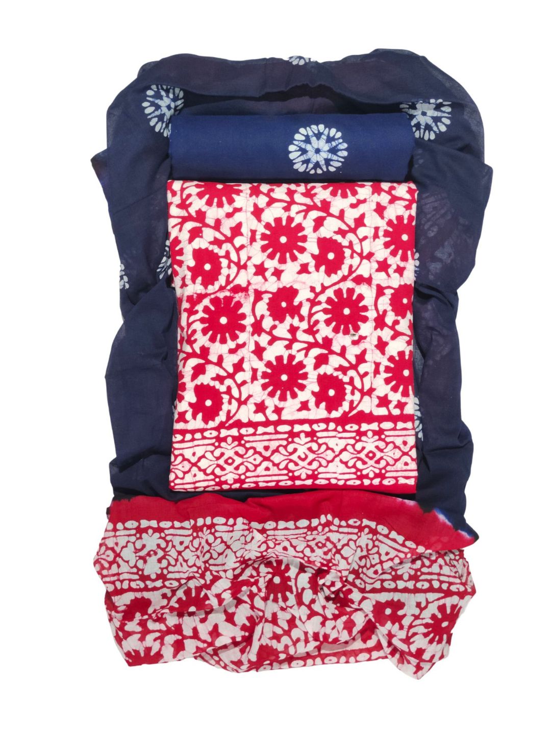 Bombay Batik Pure Cotton Dress Material Batik Handwork – Red Navy Blue  Colour