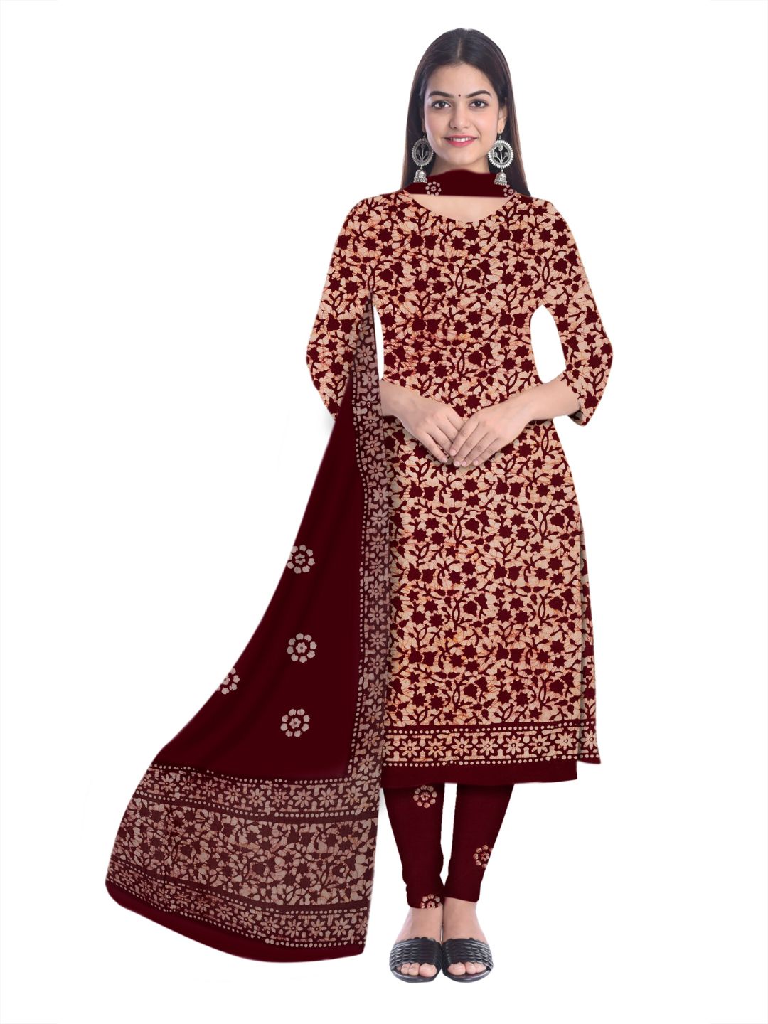 Maroon Elegant Batik Print Churidar Material With Dupatta