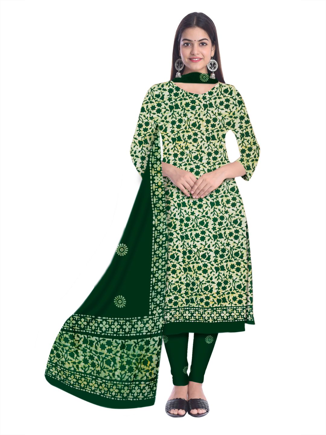 Green Ethnic Printed Cotton Suit Set With Dupatta