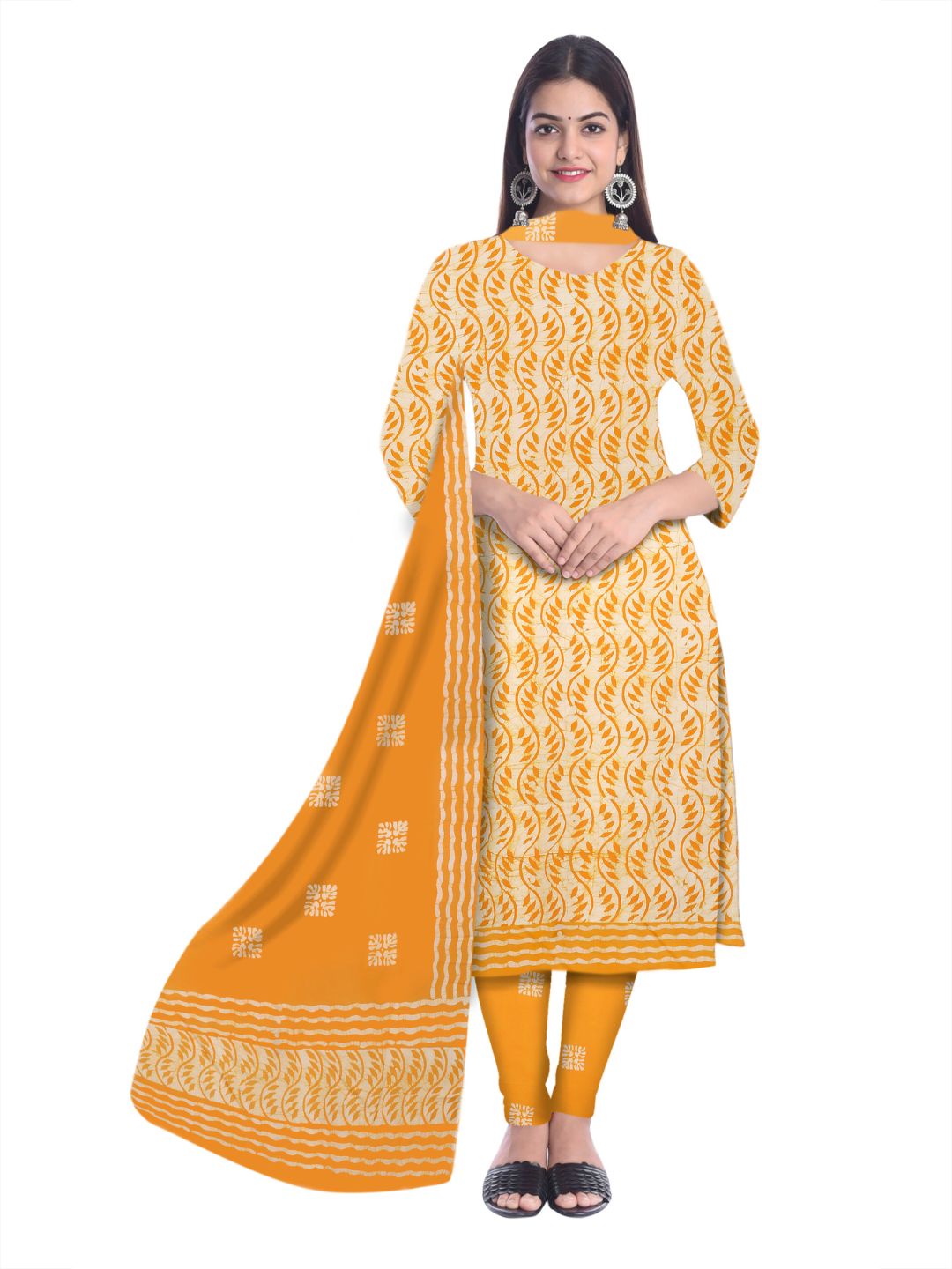 Yellow Elegant Batik Print Cotton Dress Material With Dupatta