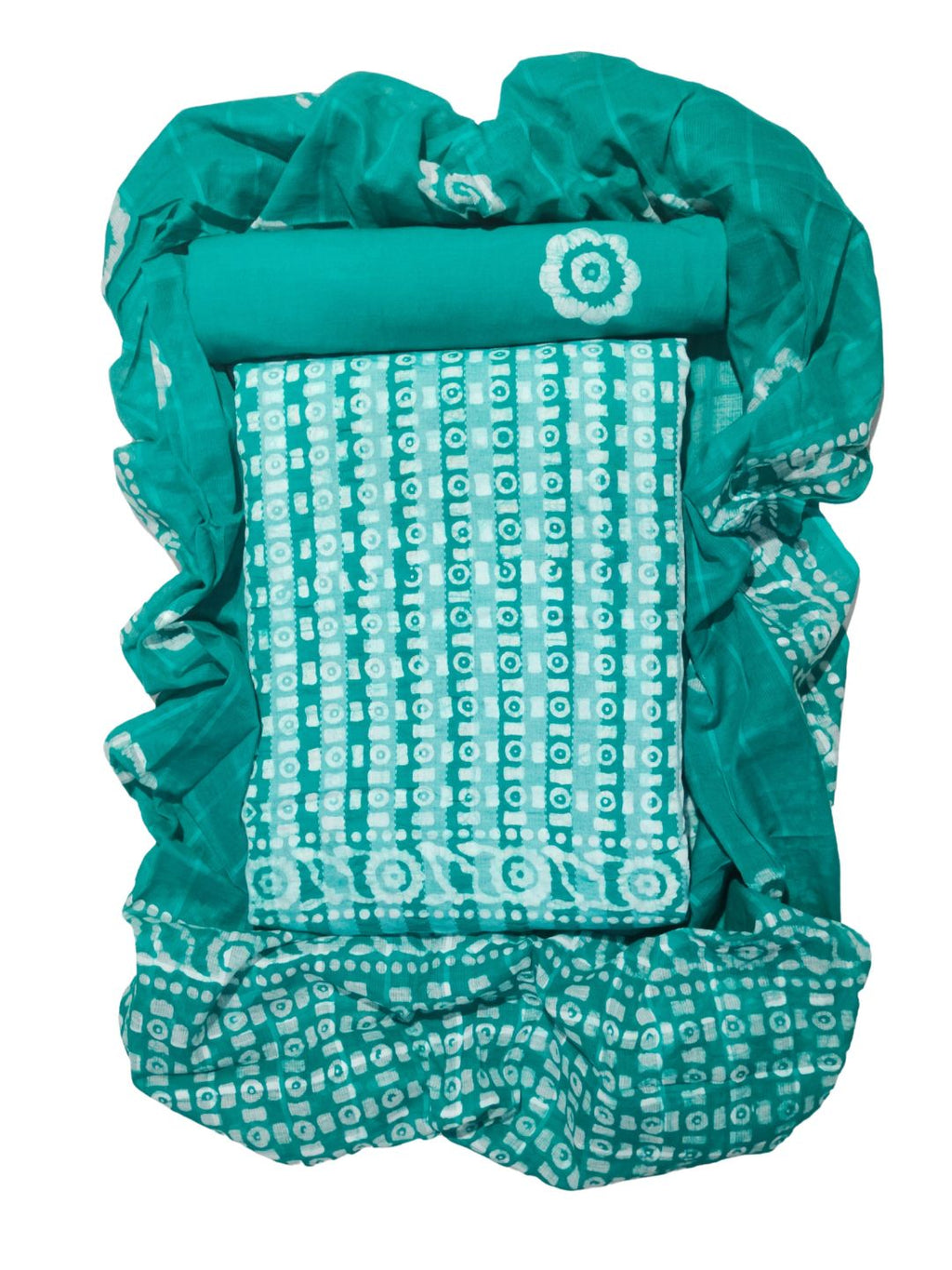 Teal Green Printed Cotton Dress Material With Dupatta