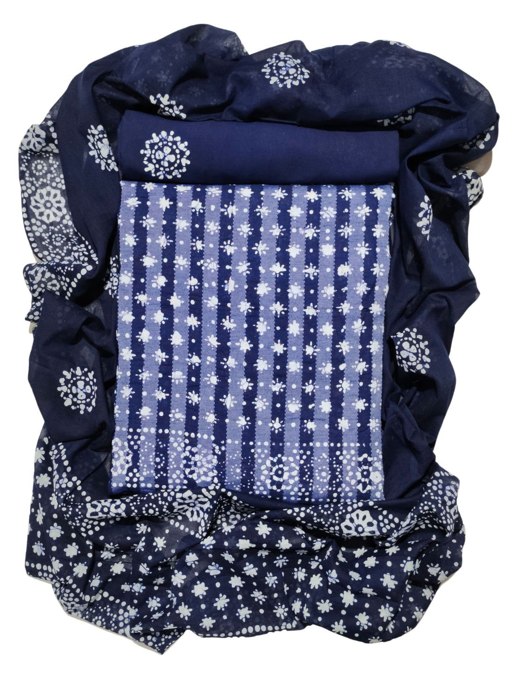 Navy Blue Batik Printed Cotton Dress Material With Dupatta