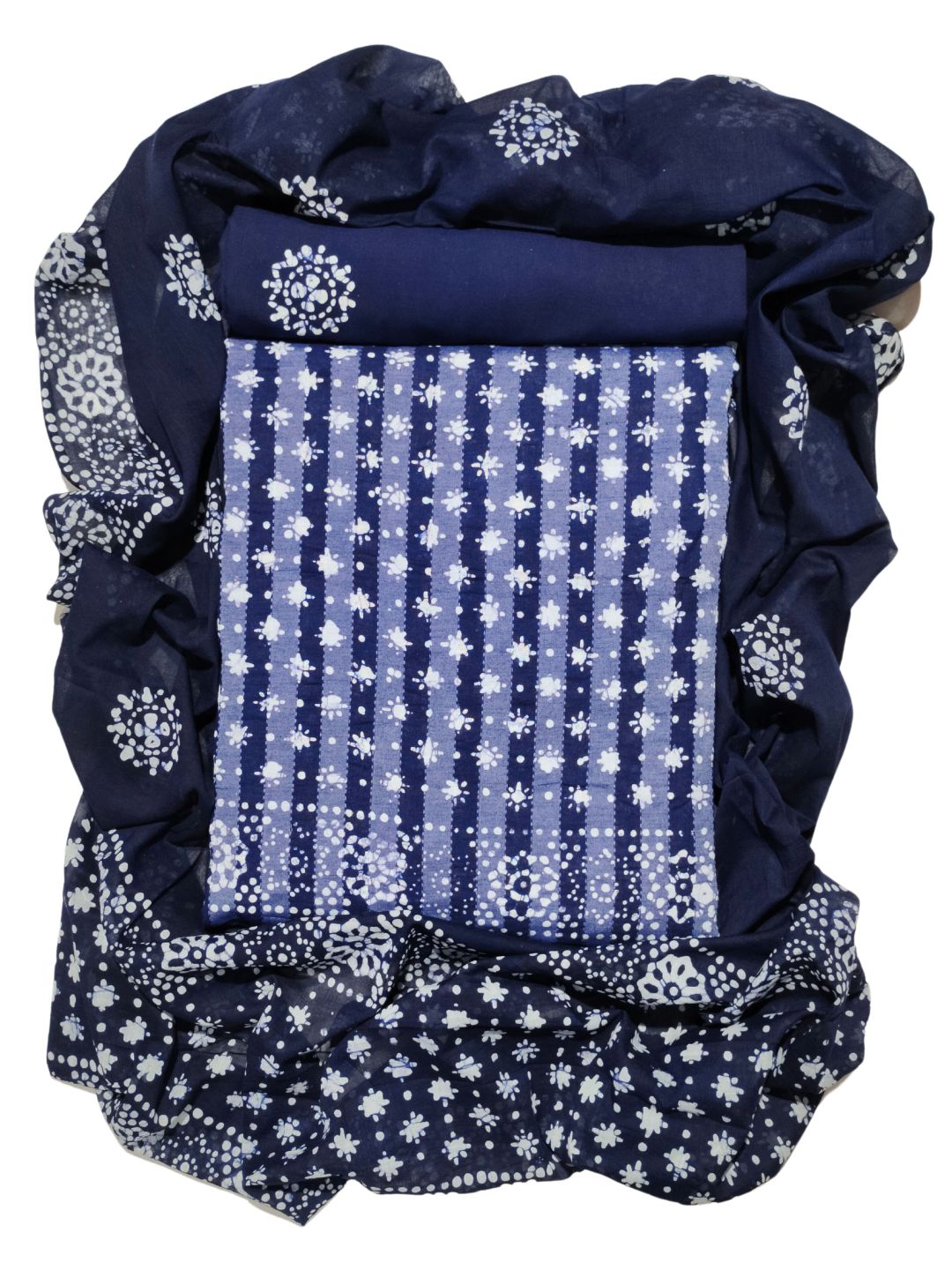 Navy Blue Batik Printed Cotton Dress Material With Dupatta