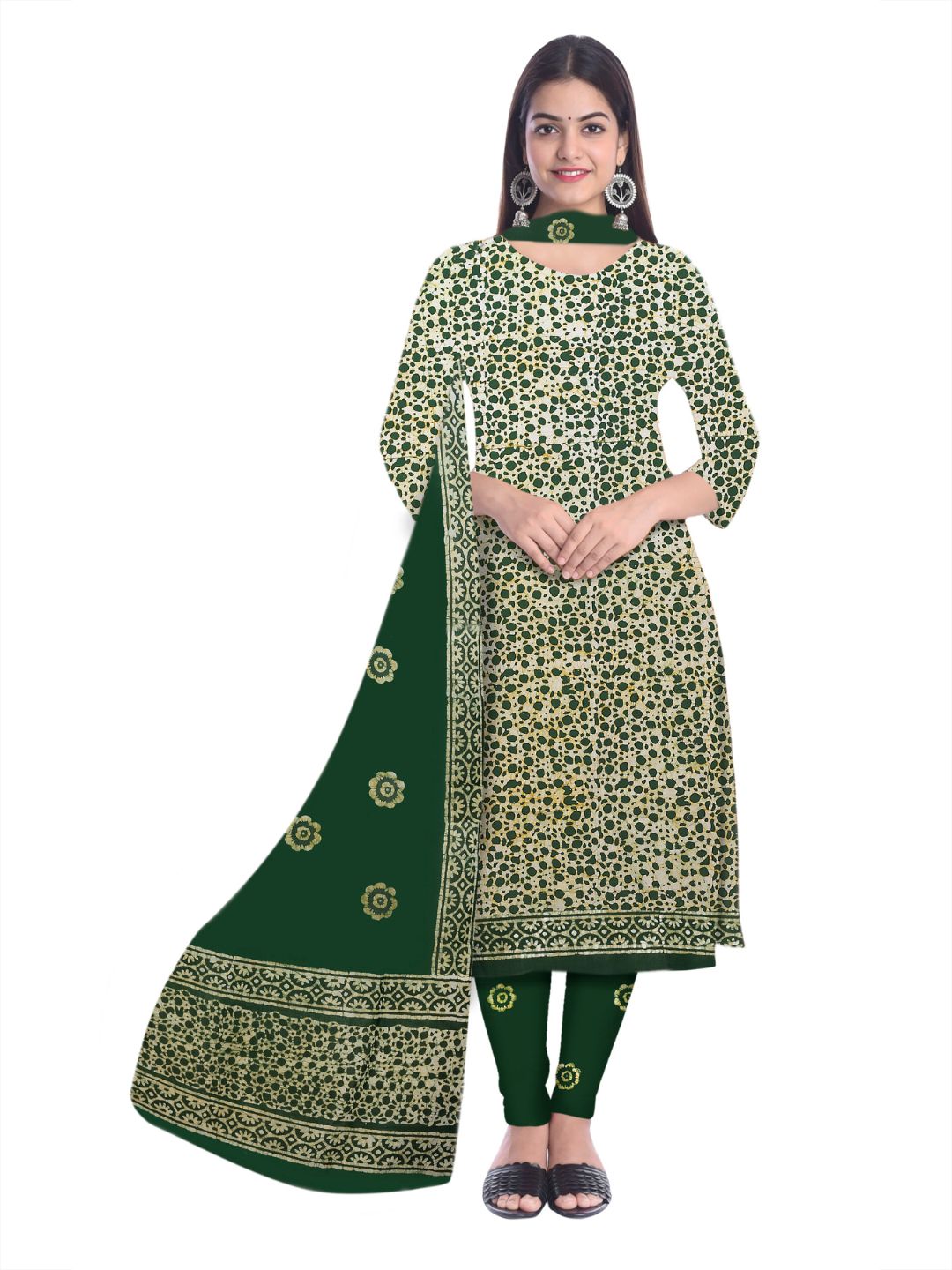 Green Ethnic Pure Cotton Dress Material With Dupatta