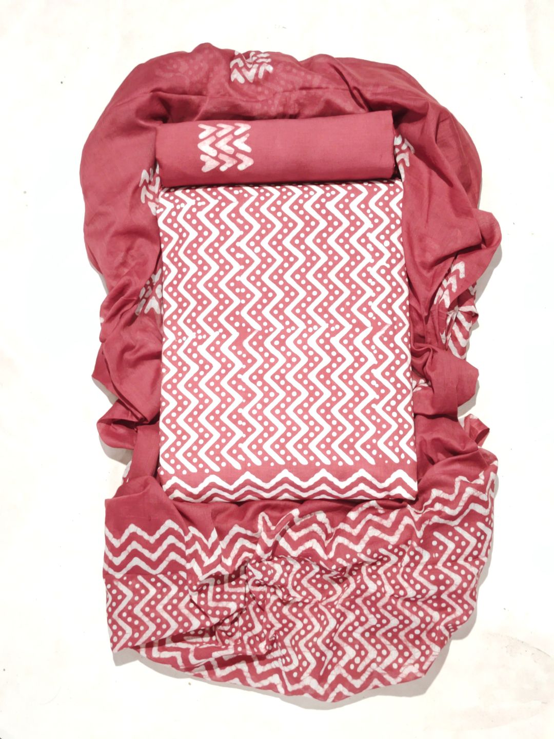 Carrot Hand Block Batik Print Churidar Material With Dupatta
